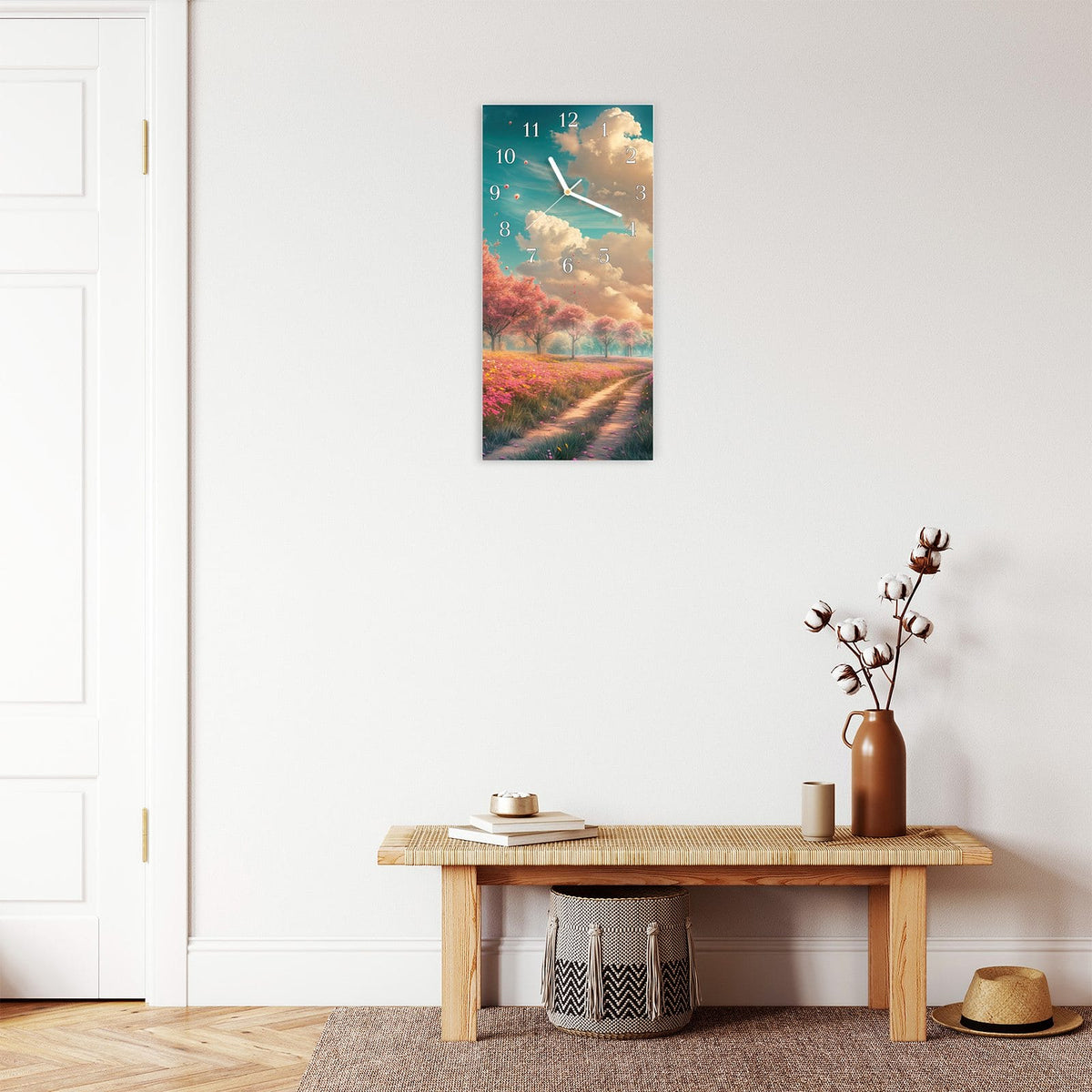 Moderne Wanduhr aus Glas mit Farbtiefe – Wanduhr Blühender Weg aus Glas – Hochformat 30 × 60 cm