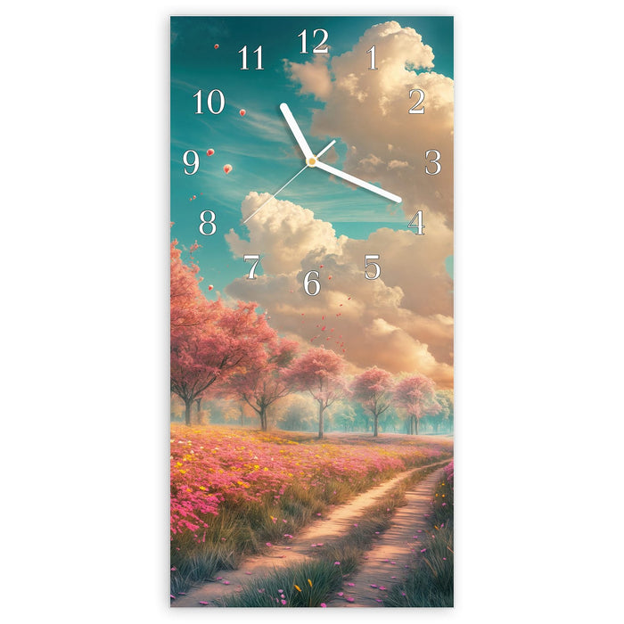 Wanduhr Blühender Weg aus Glas – Hochformat 30 × 60 cm mit Ziffernblatt Klassisch