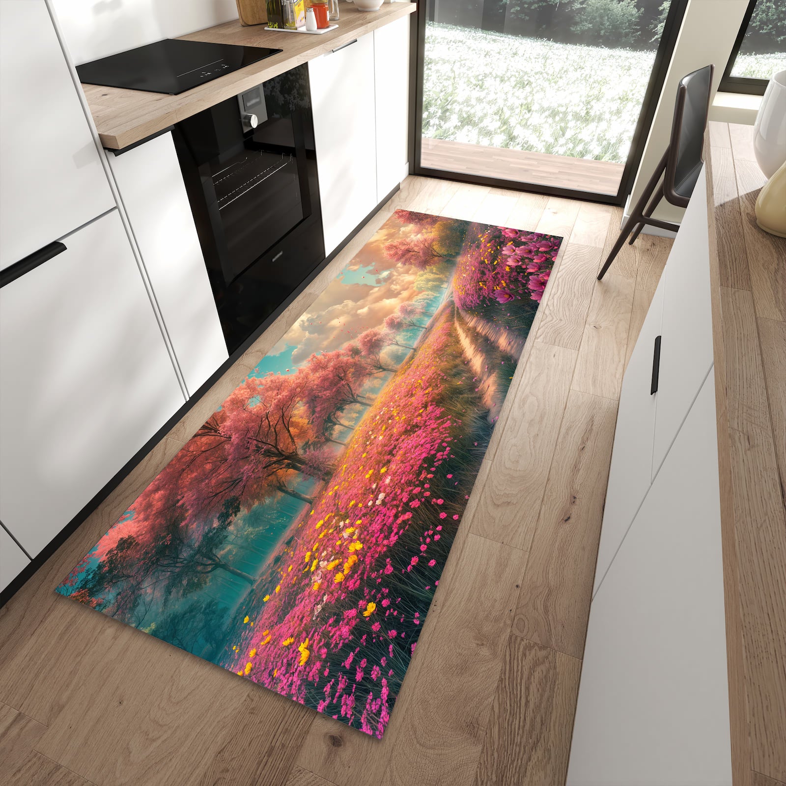 Geruchsneutraler rutschfester Küchenteppich mit Motiv Blühender Weg in moderner Küche