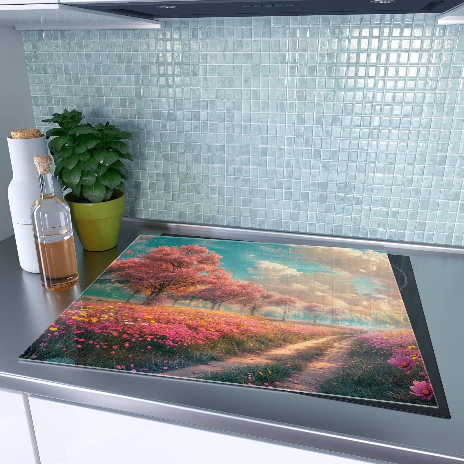 1-teilige Herdabdeckplatten aus Glas mit Blühender Weg-Motiv auf dem Ceranfeld