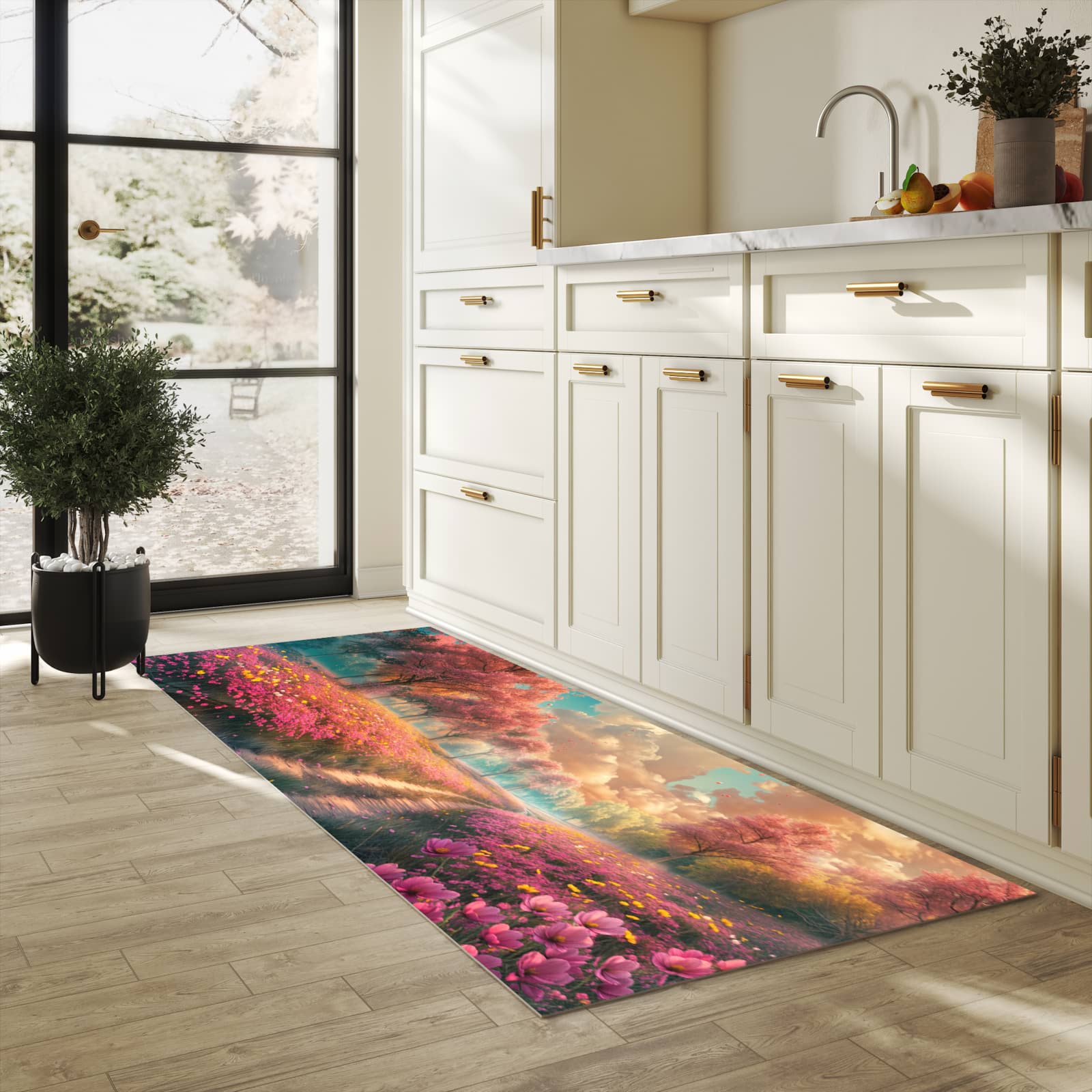 Komfortabler Küchenläufer mit Motiv Blühender Weg in heller Küche für angenehmes Stehen