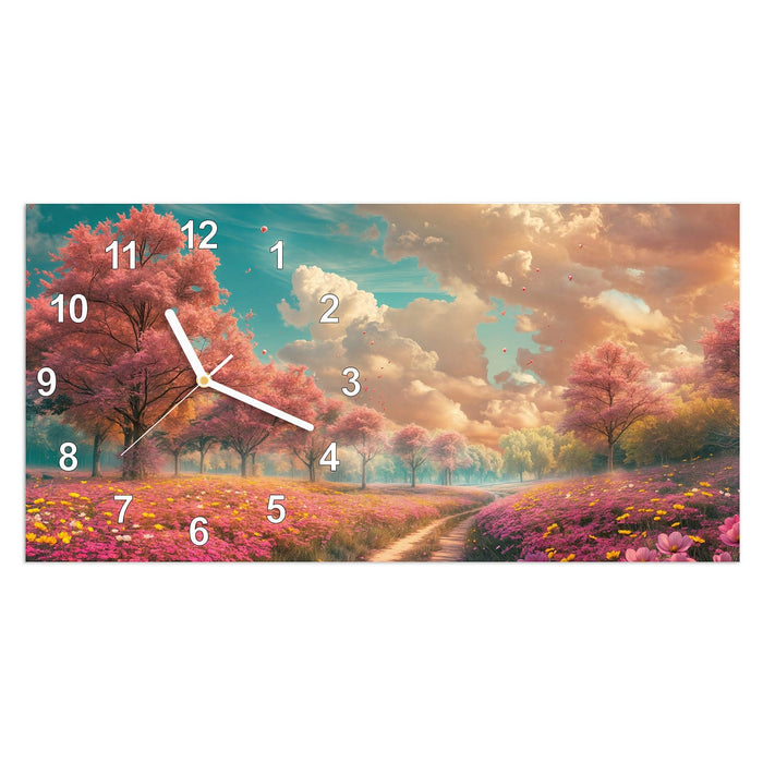 Wanduhr Blühender Weg aus Glas – Querformat 60 × 30 cm mit Ziffernblatt Modern
