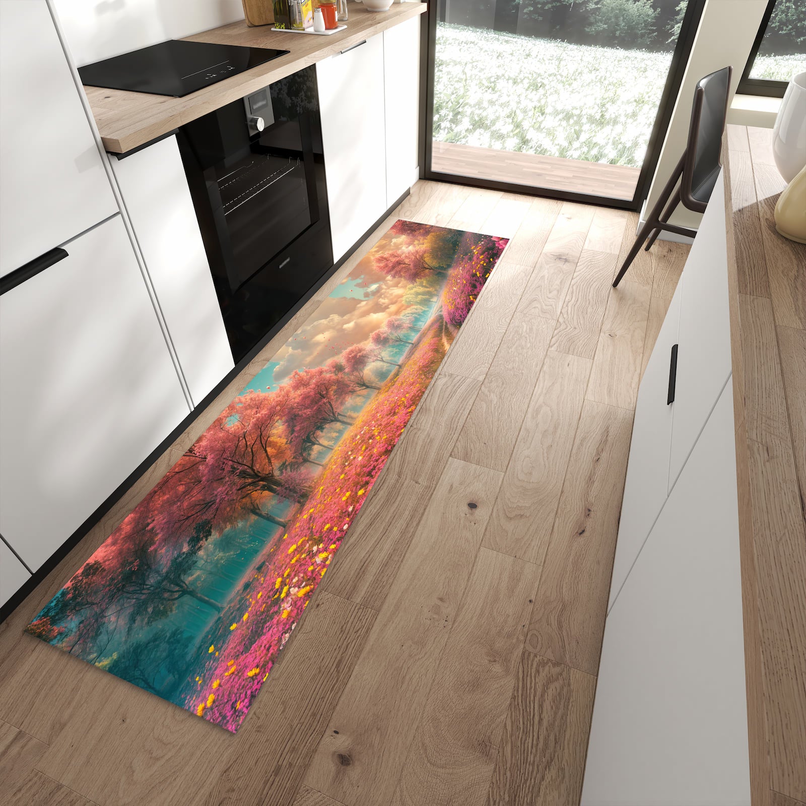 Waschbarer Küchenteppich mit Motiv Blühender Weg in moderner Küche für sichere Aufbewahrung
