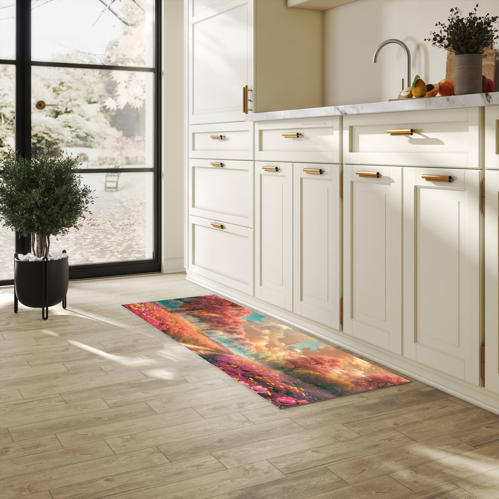 Bodenschonender Küchenteppich mit Motiv Blühender Weg in heller Küche