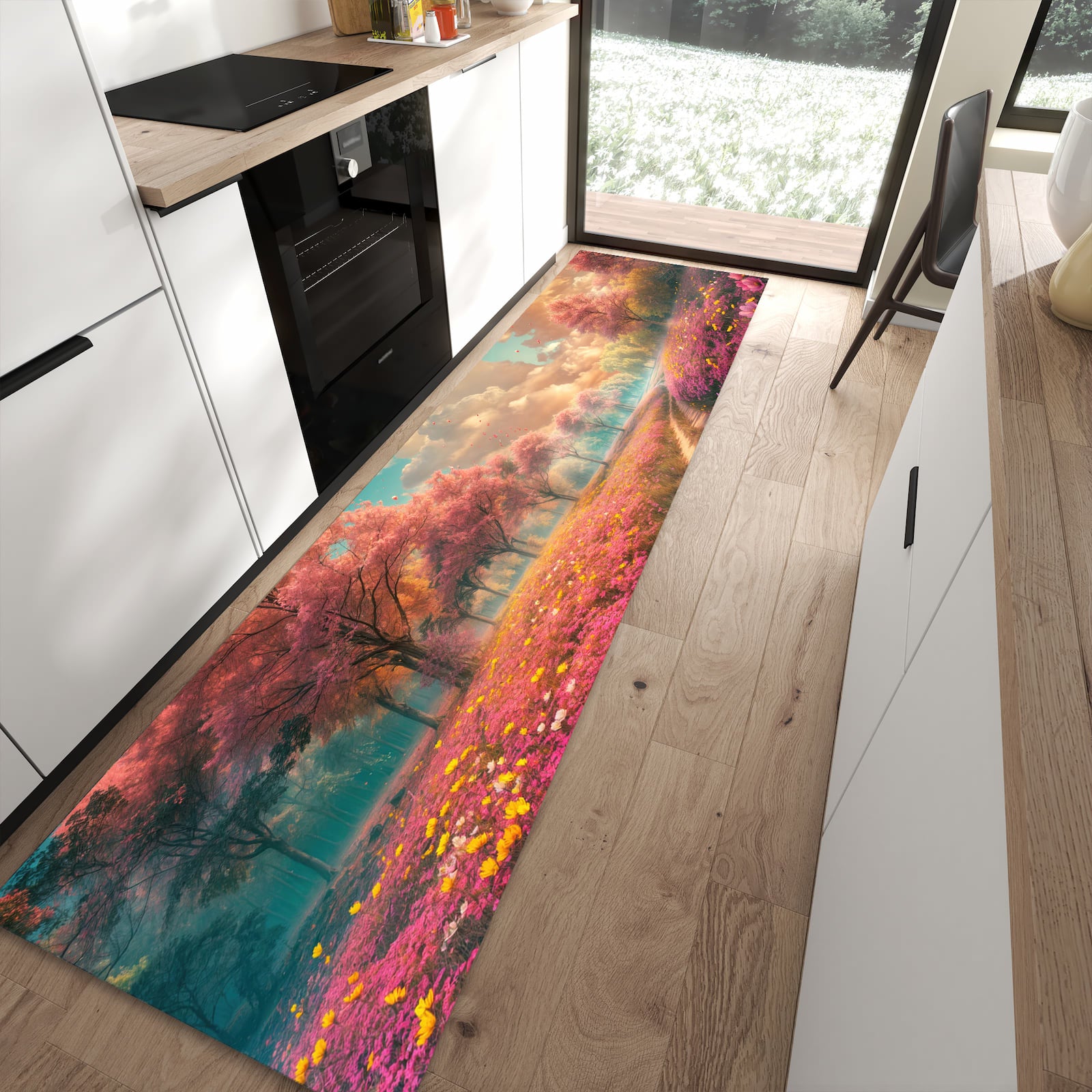 Fleckenresistenter waschbarer Küchenteppich mit Motiv Blühender Weg in moderner Küche