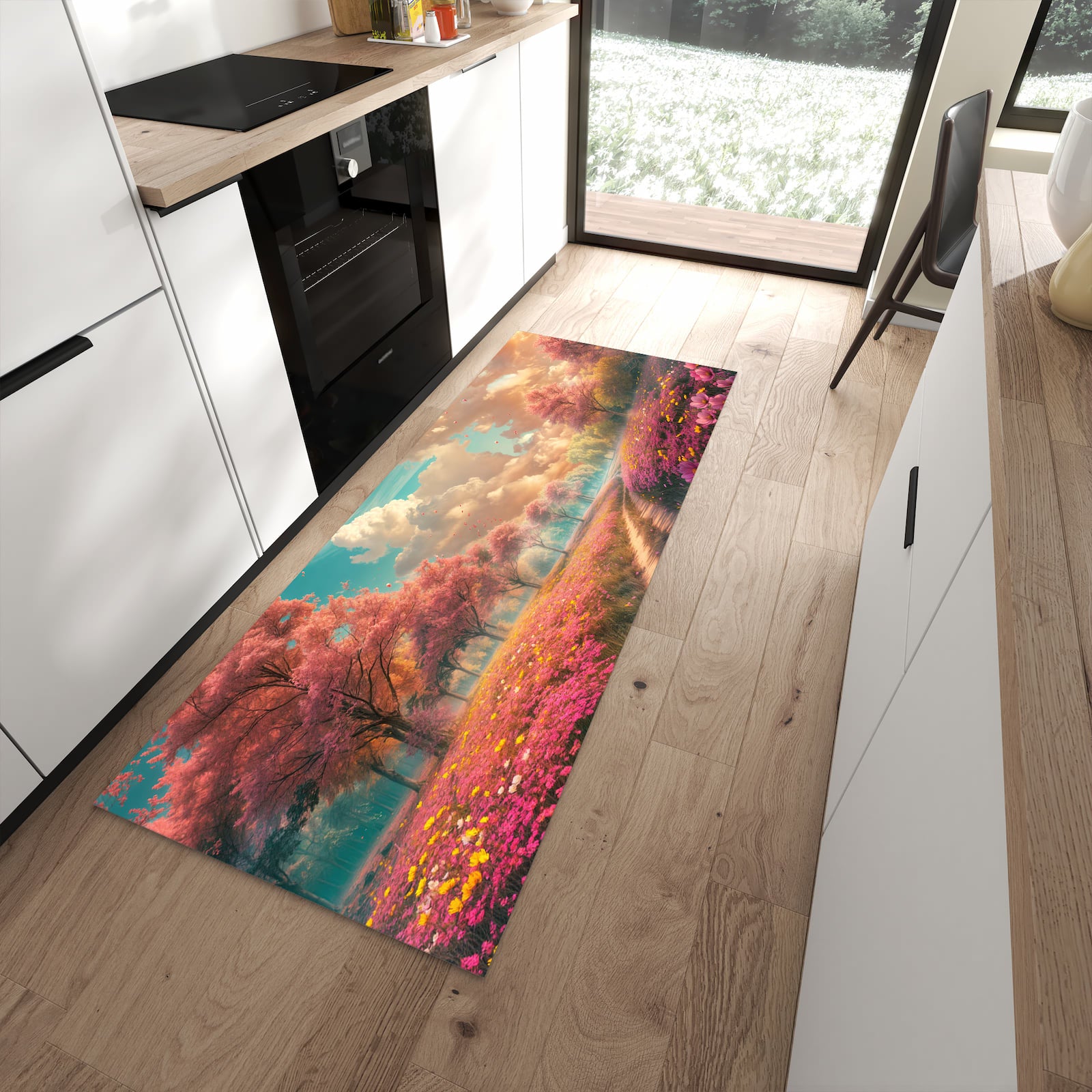 UV-beständiger Bodenläufer mit Motiv Blühender Weg in moderner Küche