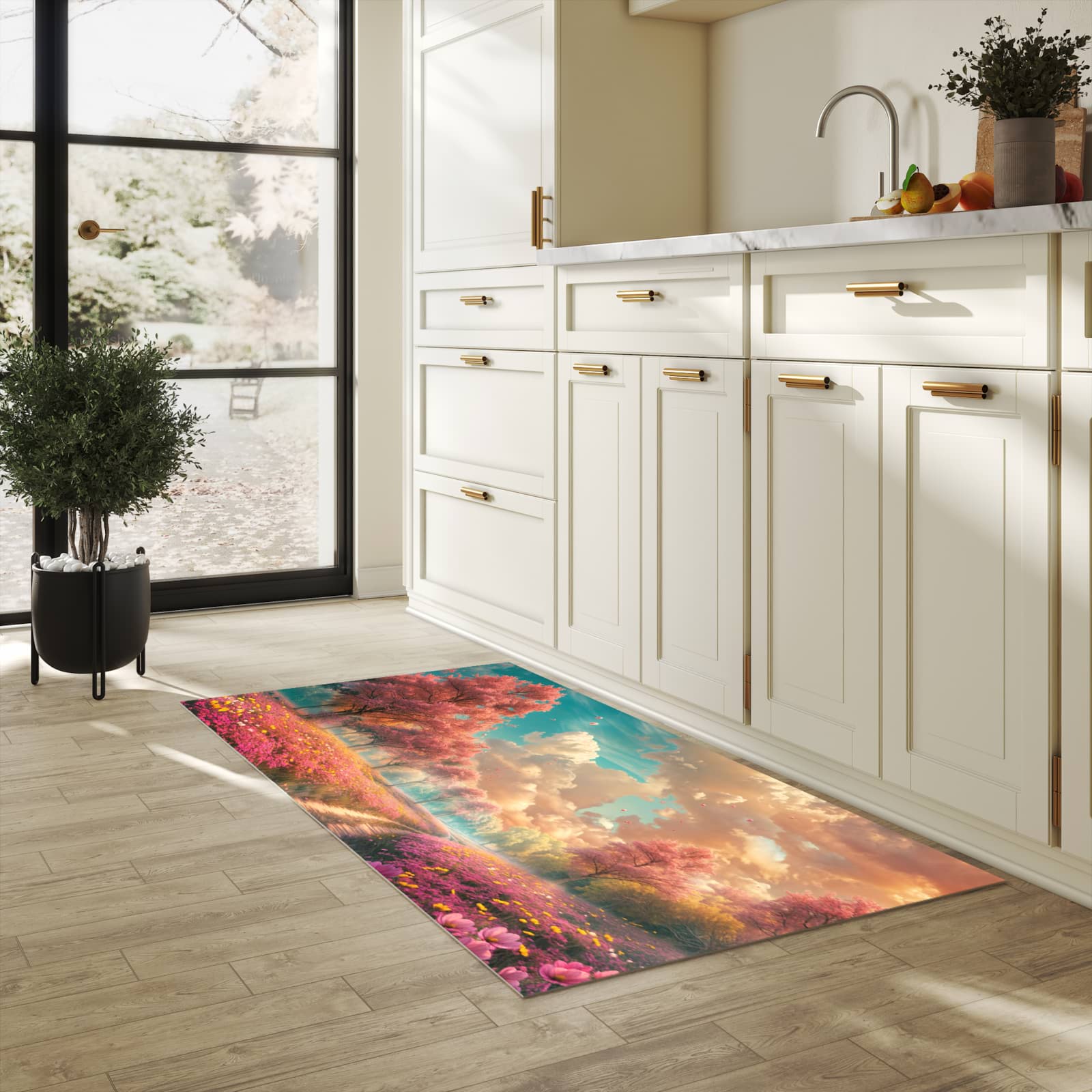 UV-beständiger Küchenläufer mit Motiv Blühender Weg in heller Küche