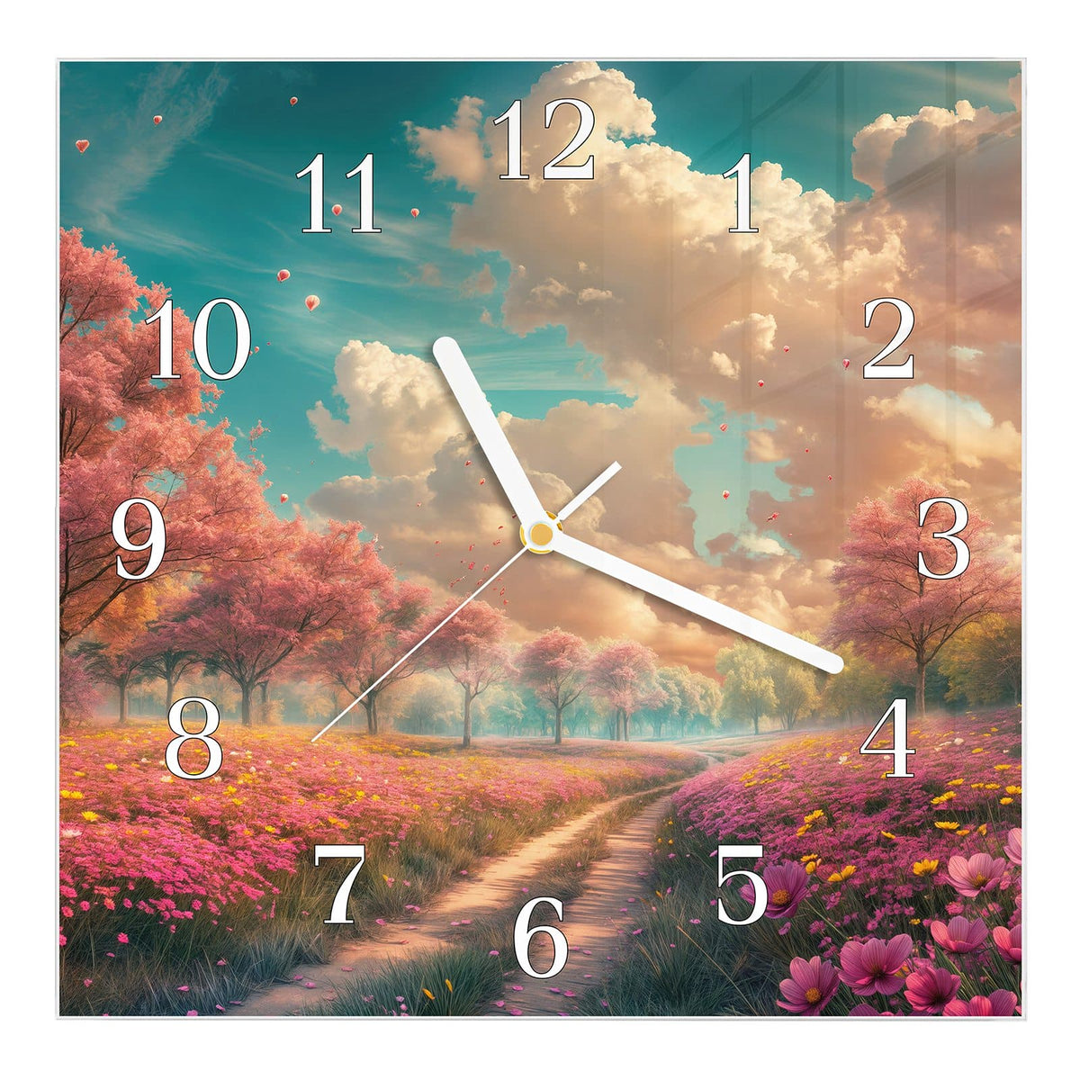 Wanduhr aus Glas, Ziffernblatt Klassisch mit Motiv Pfad durch Blütenfeld: Erdweg durch eine rosa Blumenwiese, links und rechts blühende Bäume unter Wolkenhimmel