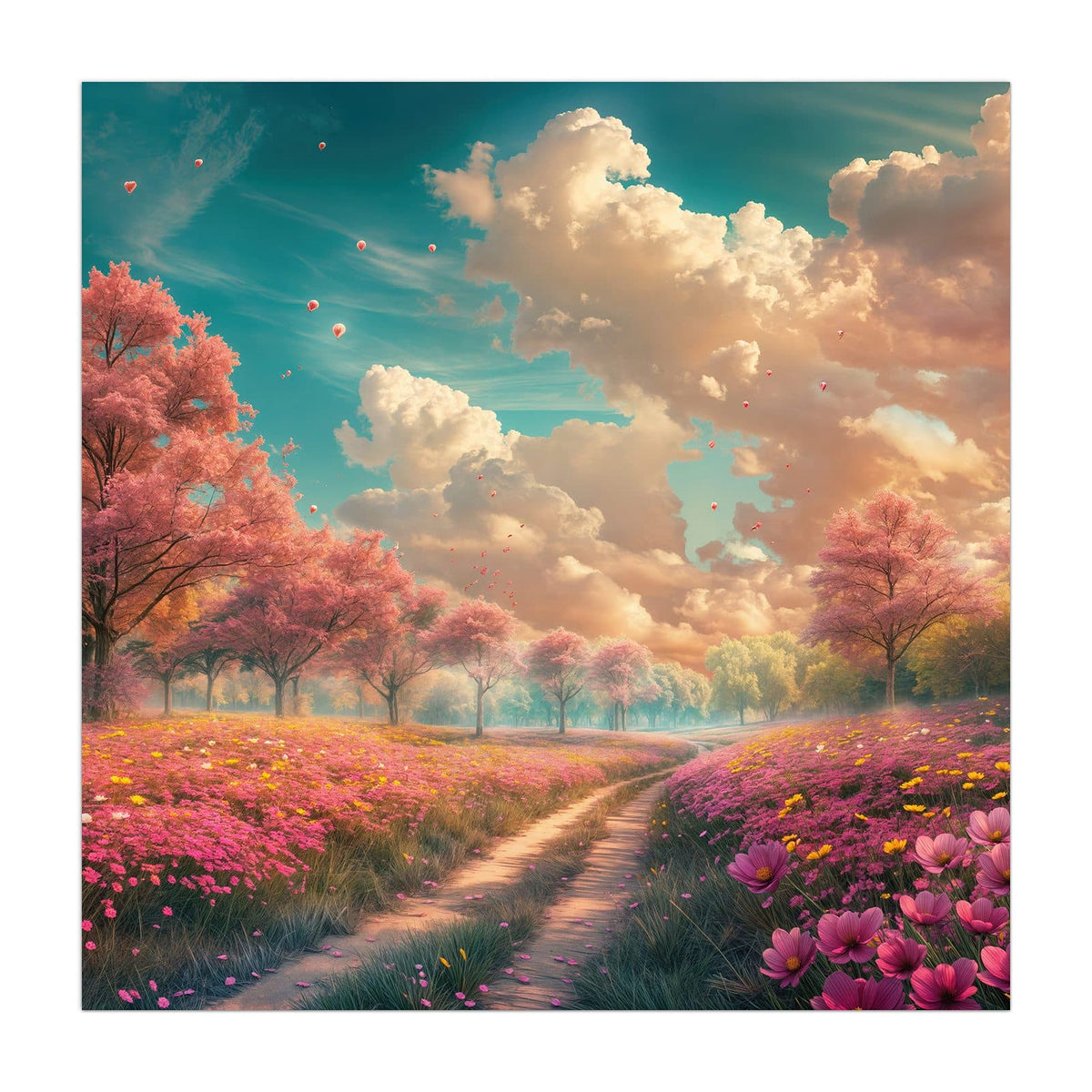 Erdweg durch eine rosa Blumenwiese, links und rechts blühende Bäume unter Wolkenhimmel