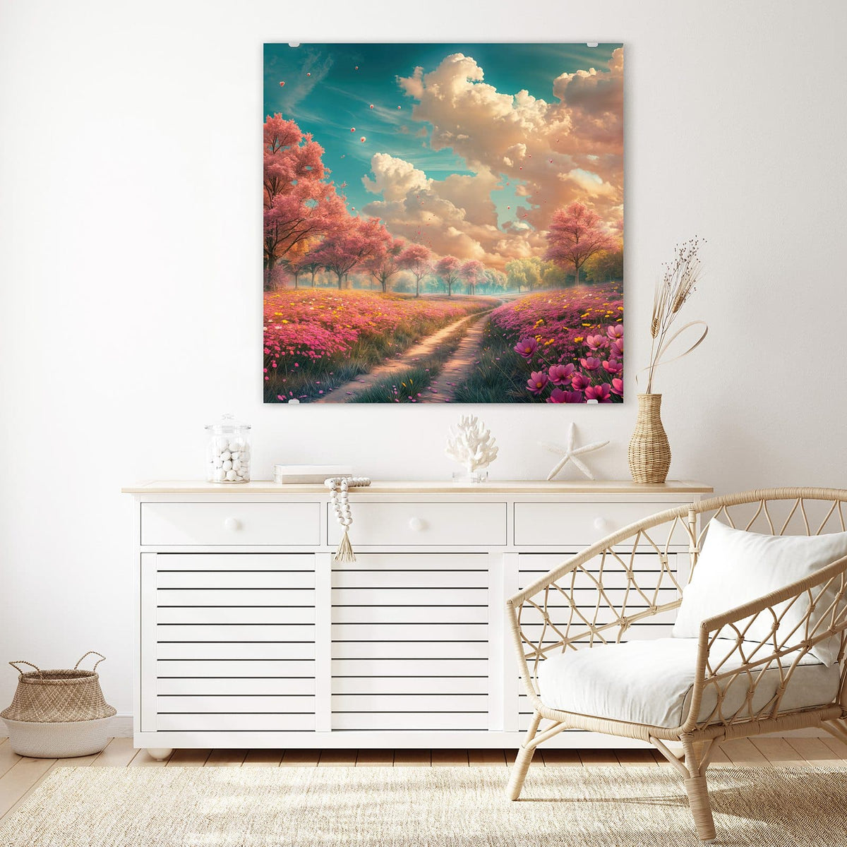 Echtglas, 4 mm – kein Acryl, keine Folie – Wandbild - Pfad durch Blütenfeld - Quadratisch