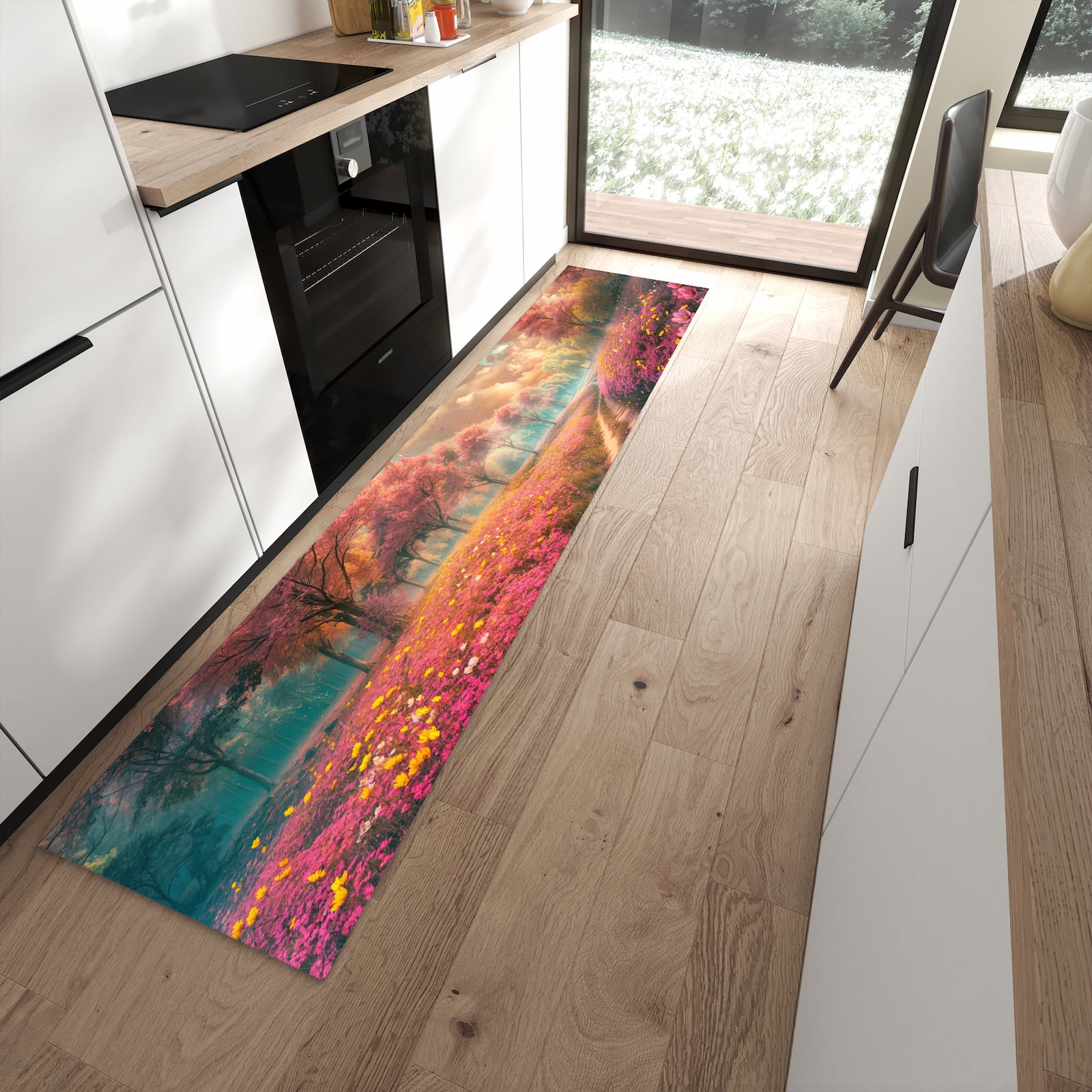 Waschbarer Teppich fürs Esszimmer mit Motiv Blühender Weg in moderner Küche