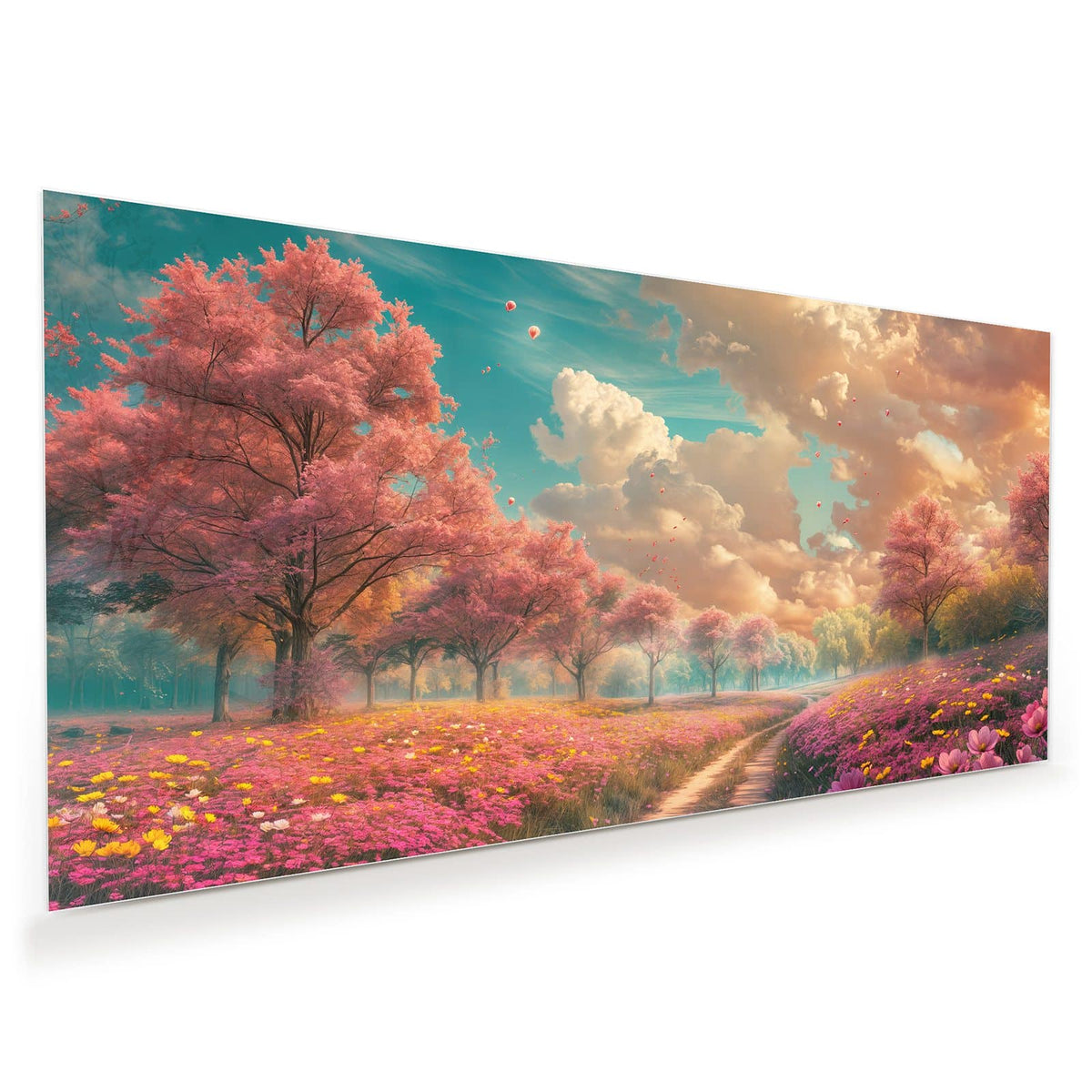 Erdweg durch eine rosa Blumenwiese, links und rechts blühende Bäume unter Wolkenhimmel