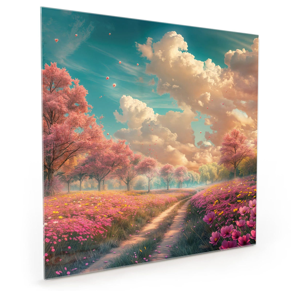 Küchenrückwand aus Glas im quadratischen Format mit Motiv Pfad durch Blütenfeld: Erdweg durch eine rosa Blumenwiese #grösse_40 x 40 cm #grösse_50 x 50 cm #grösse_60 x 60 cm