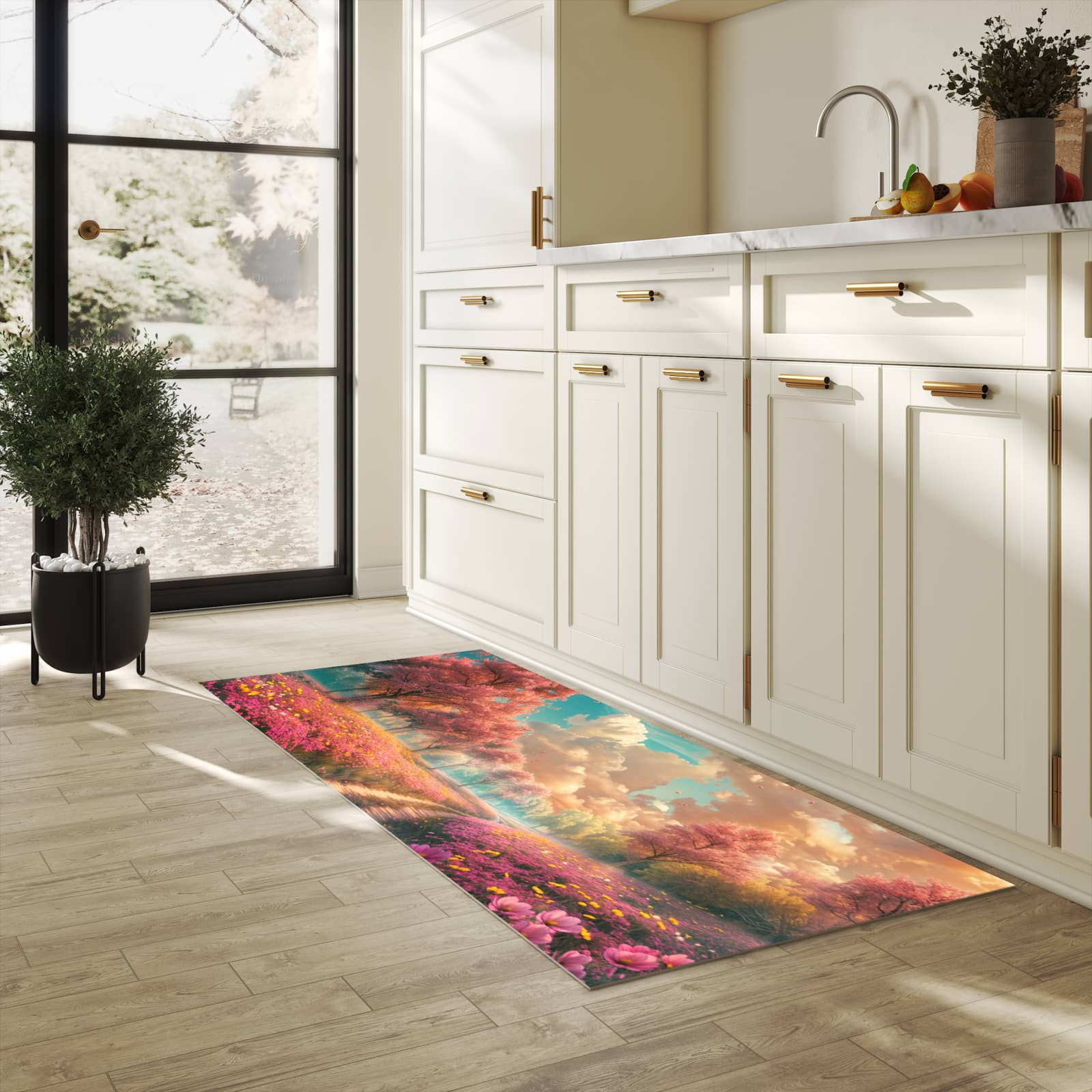 Küchenteppich mit Motiv Blühender Weg in heller Küche für sicheres Aufbewahren