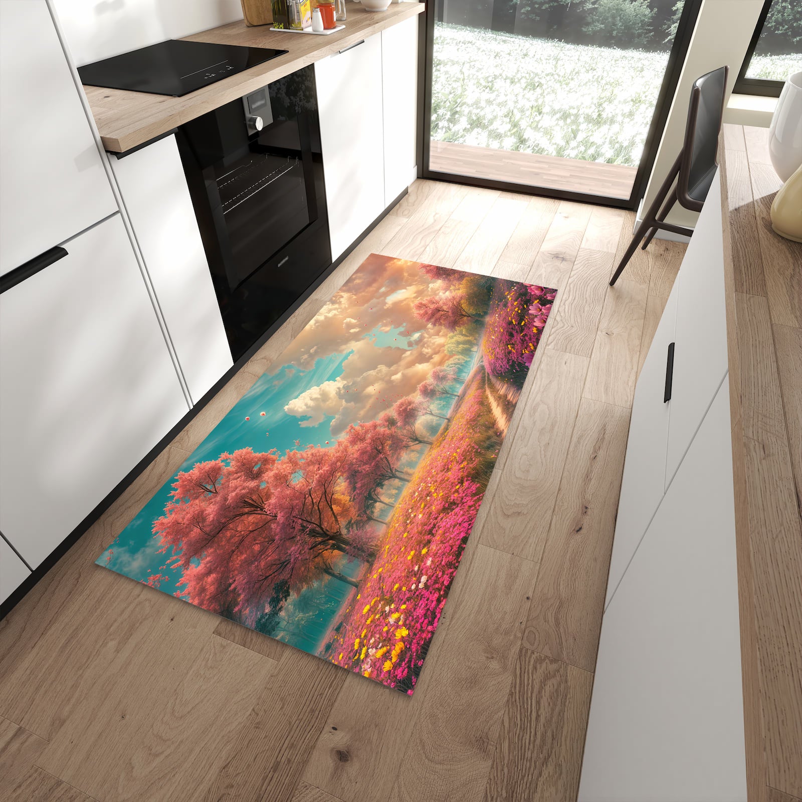 Schmutzabweisender Küchenteppich mit Motiv Blühender Weg in moderner Küche