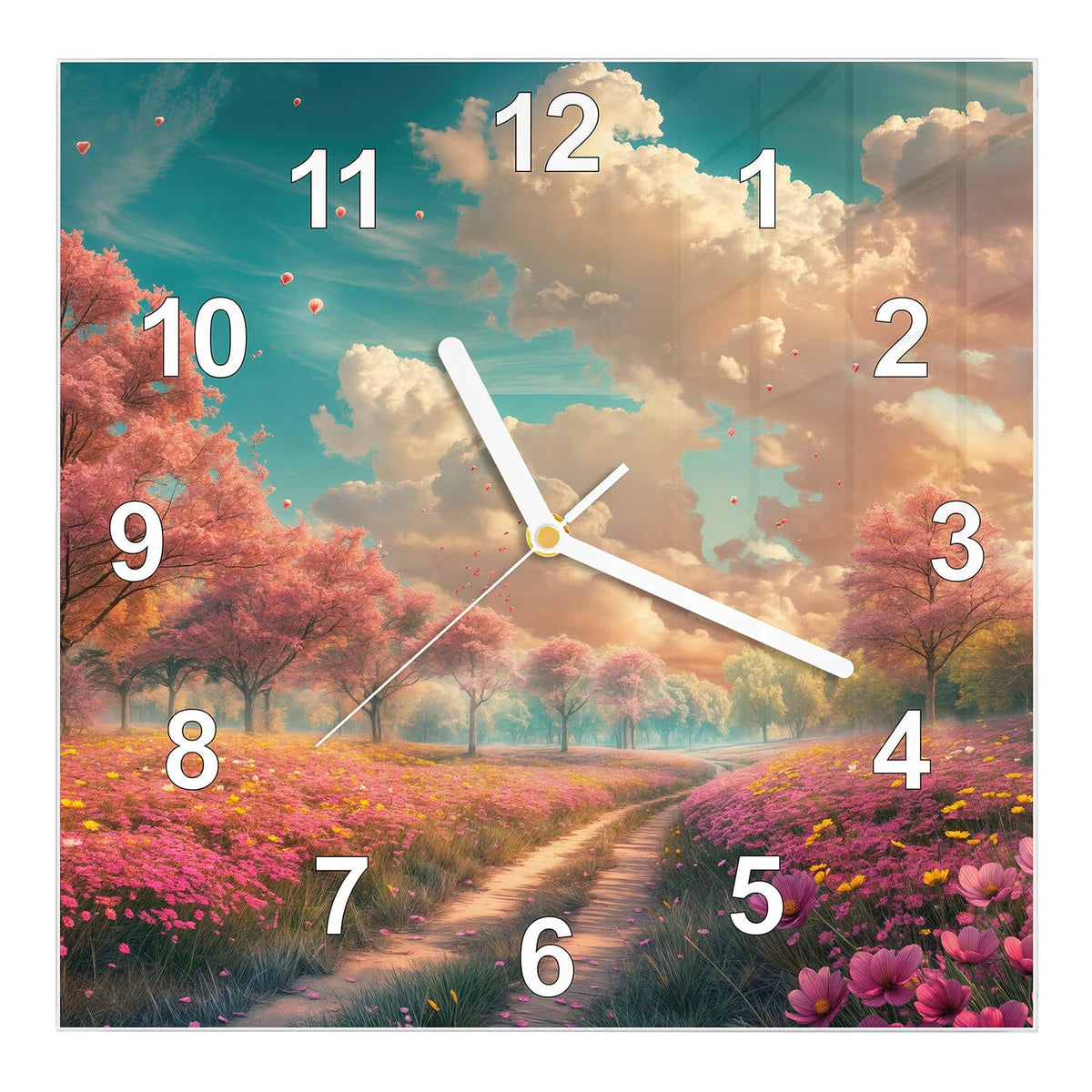 Wanduhr aus Glas, Ziffernblatt Modern mit Motiv Pfad durch Blütenfeld: Erdweg durch eine rosa Blumenwiese, links und rechts blühende Bäume unter Wolkenhimmel #ziffernblatt_Modern