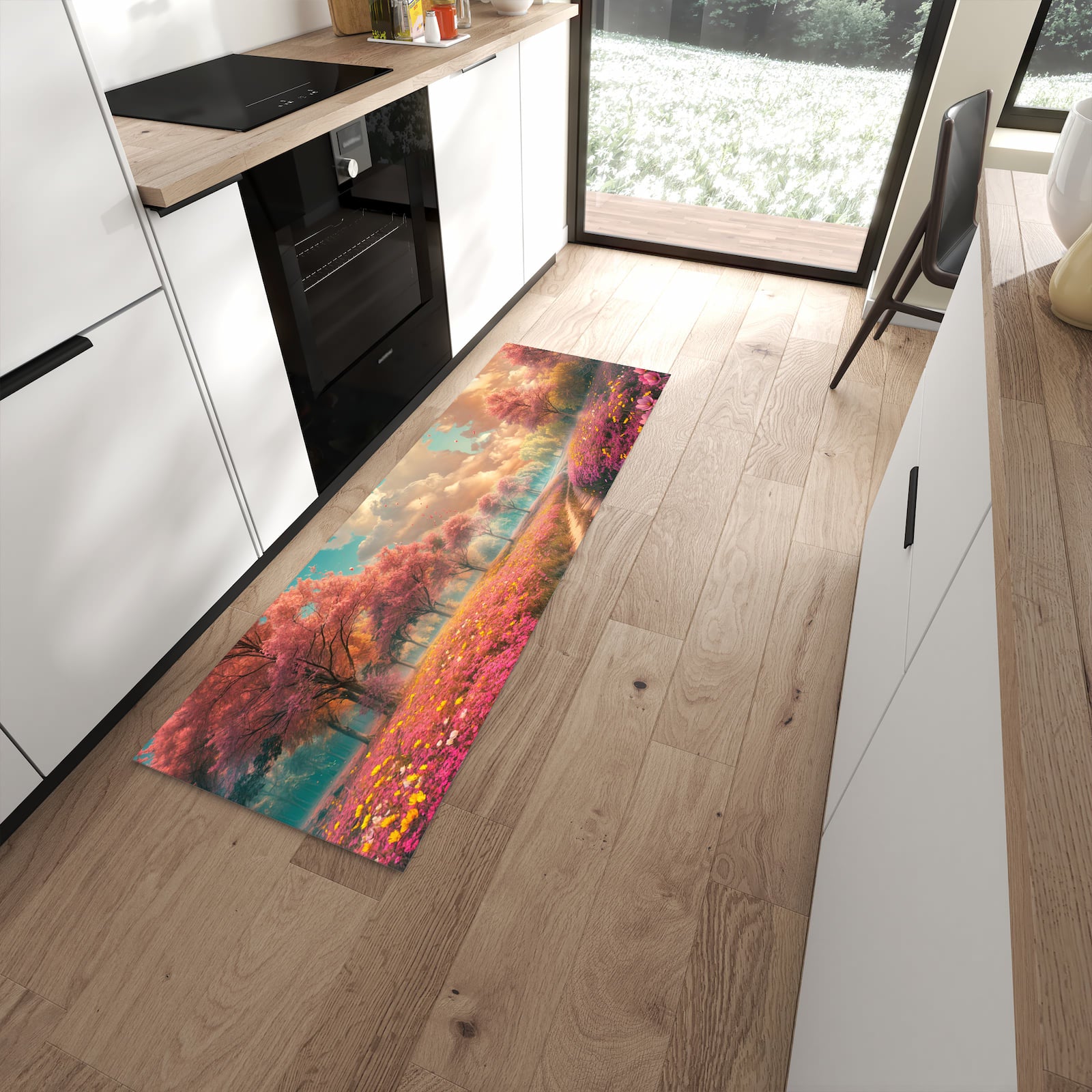 Formstabiler rutschfester Küchenteppich mit Motiv Blühender Weg in moderner Küche