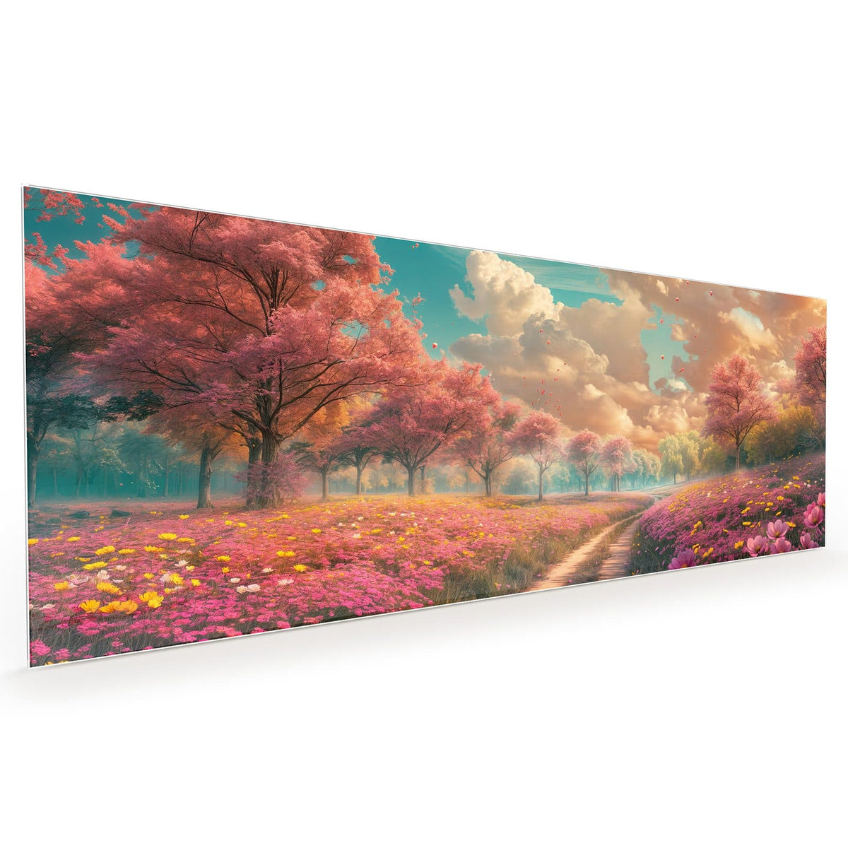Küchenrückwand aus Glas im Hochformat mit Motiv Pfad durch Blütenfeld: Erdweg durch eine rosa Blumenwiese, links und rechts blühende Bäume unter Wolkenhimmel #grösse_40 x 100 cm #grösse_50 x 125 cm #grösse_60 x 150 cm