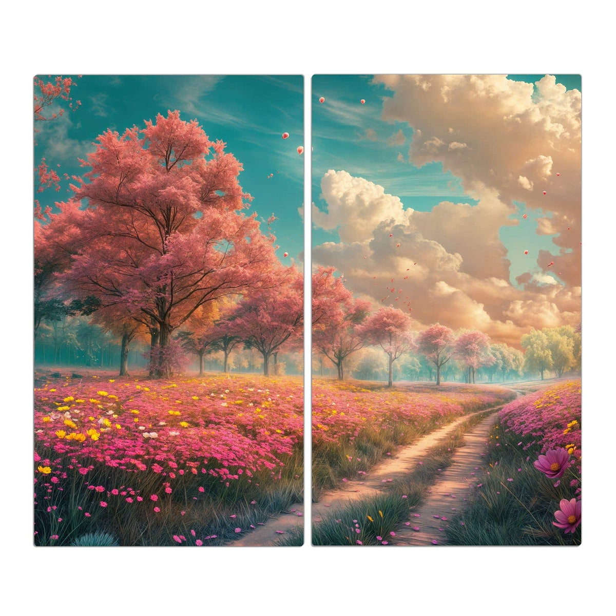 Erdweg durch eine rosa Blumenwiese, links und rechts blühende Bäume unter Wolkenhimmel