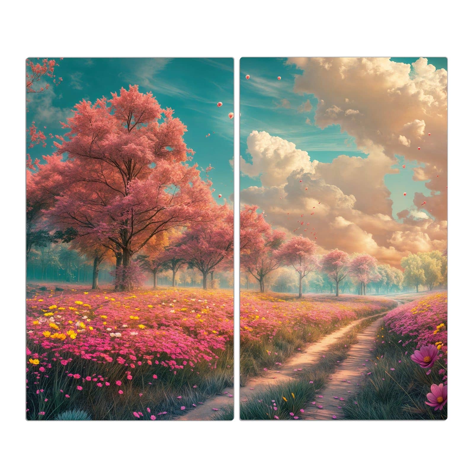 2-teilige Herdabdeckplatten für Ceranfeld mit Blühender Weg-Motiv in der Frontansicht #grösse_2-Teilig (60x52cm)