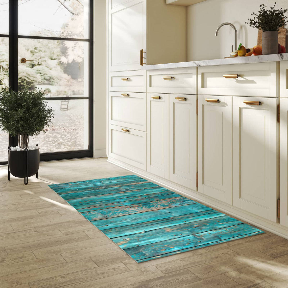 Waschbarer Küchenteppich mit Motiv Vintage Holz Bretter in heller Küche