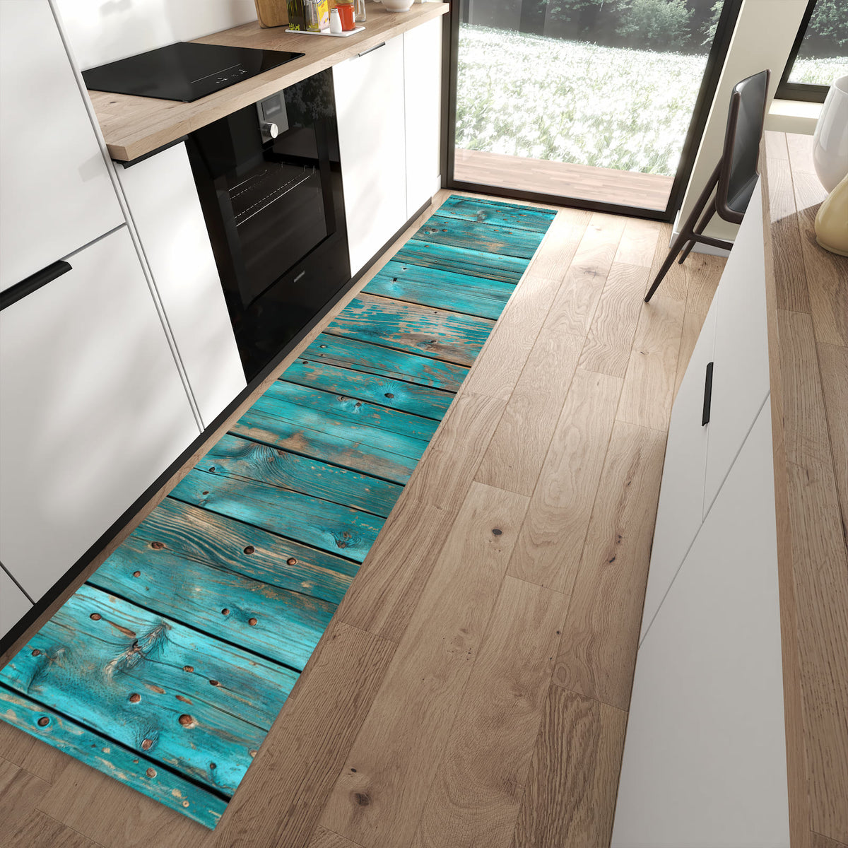 Hygienischer Küchenteppich mit Motiv Vintage Holz Bretter in moderner Küche - waschbar