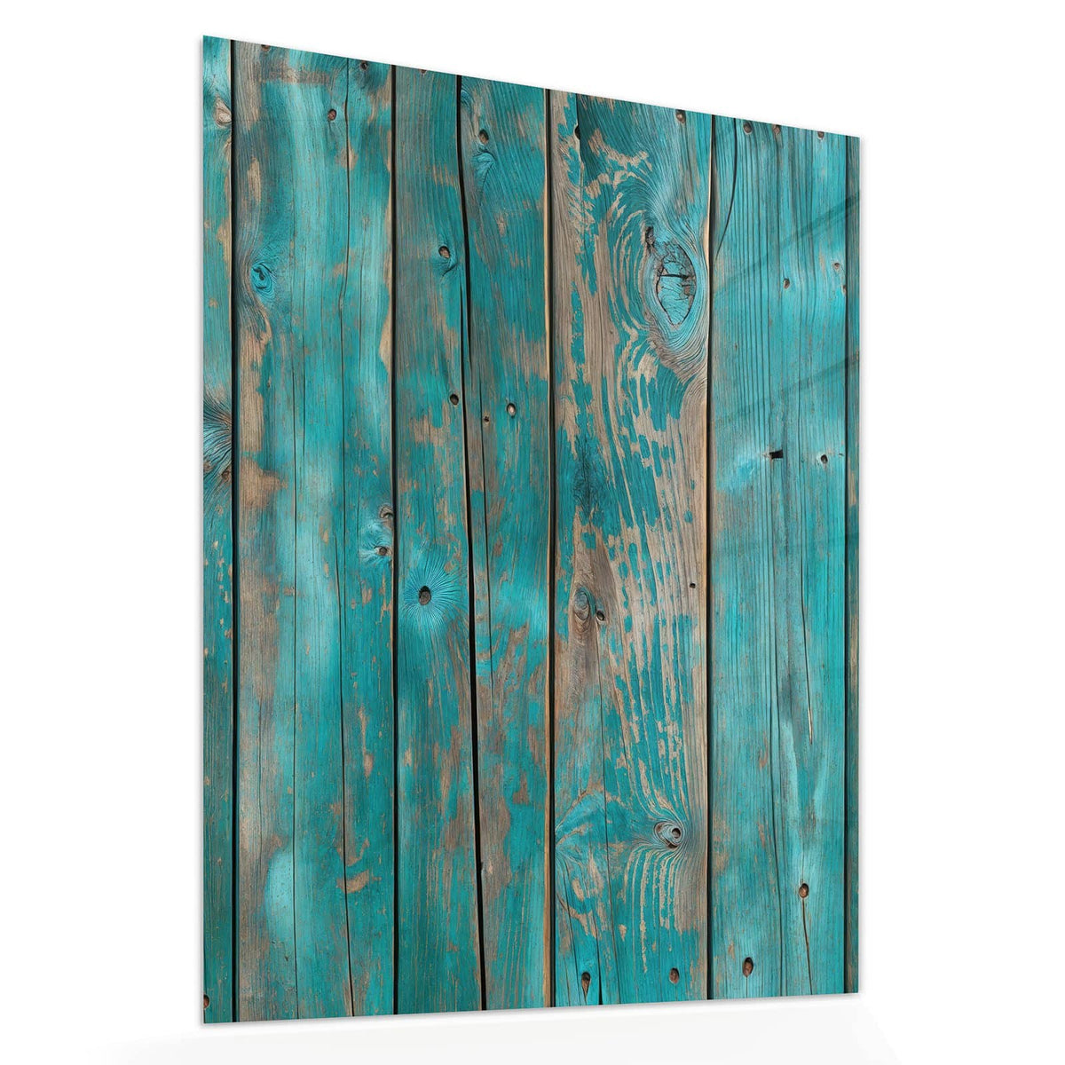 Echtglas, 4 mm – kein Acryl, keine Folie – Wandbild - Türkise Bretterwand - Hochformat