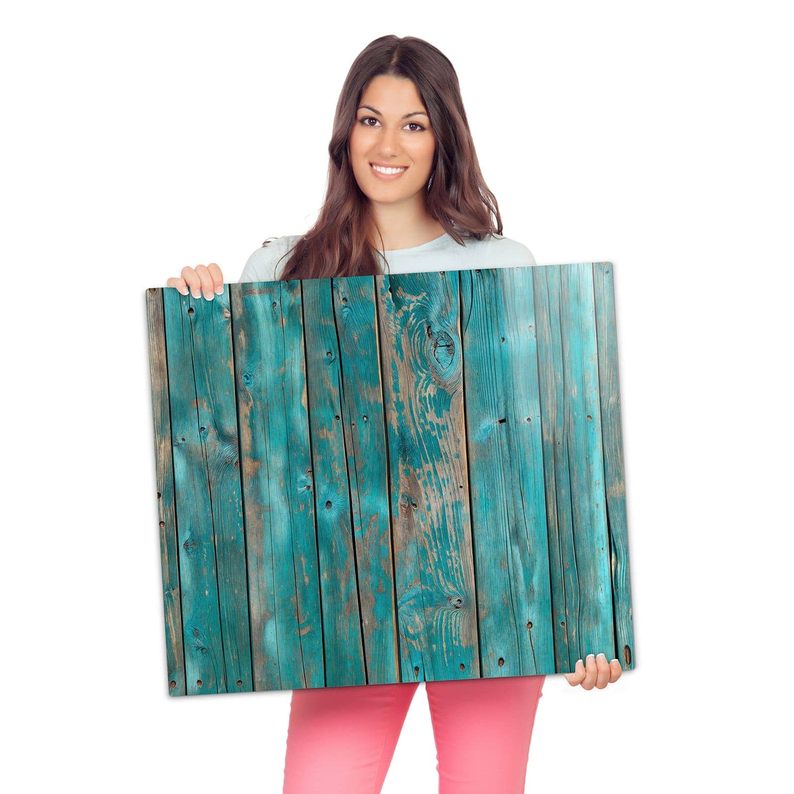 Herdabdeckung aus Glas mit Vintage Holz Bretter-Motiv wird zur Größendarstellung gehalten