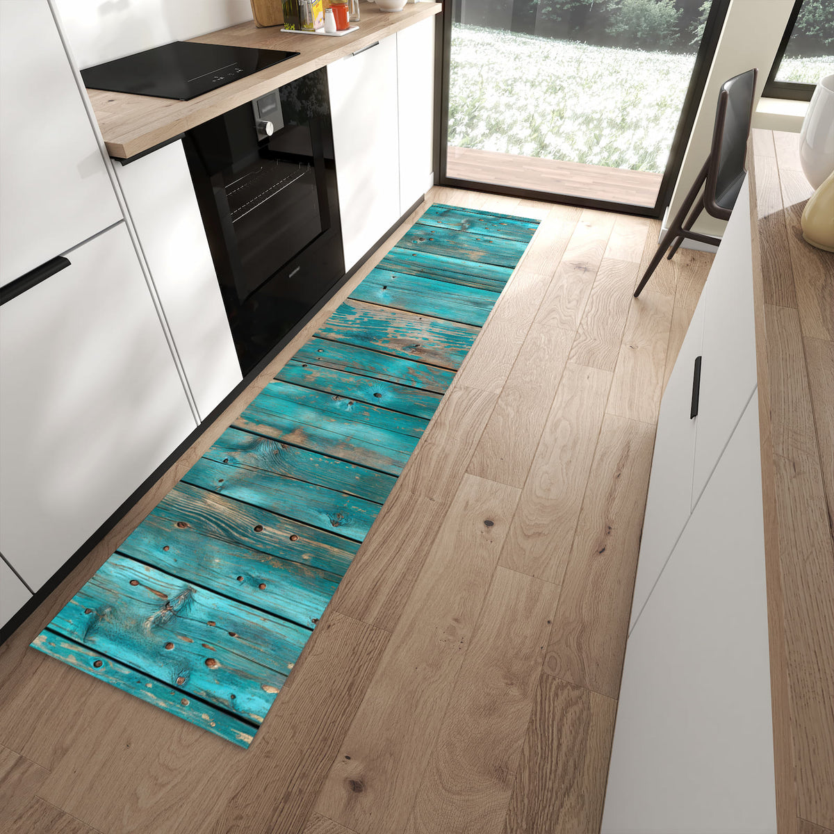 Küchenvorleger mit Motiv Vintage Holz Bretter für angenehme Haptik in moderner Küche