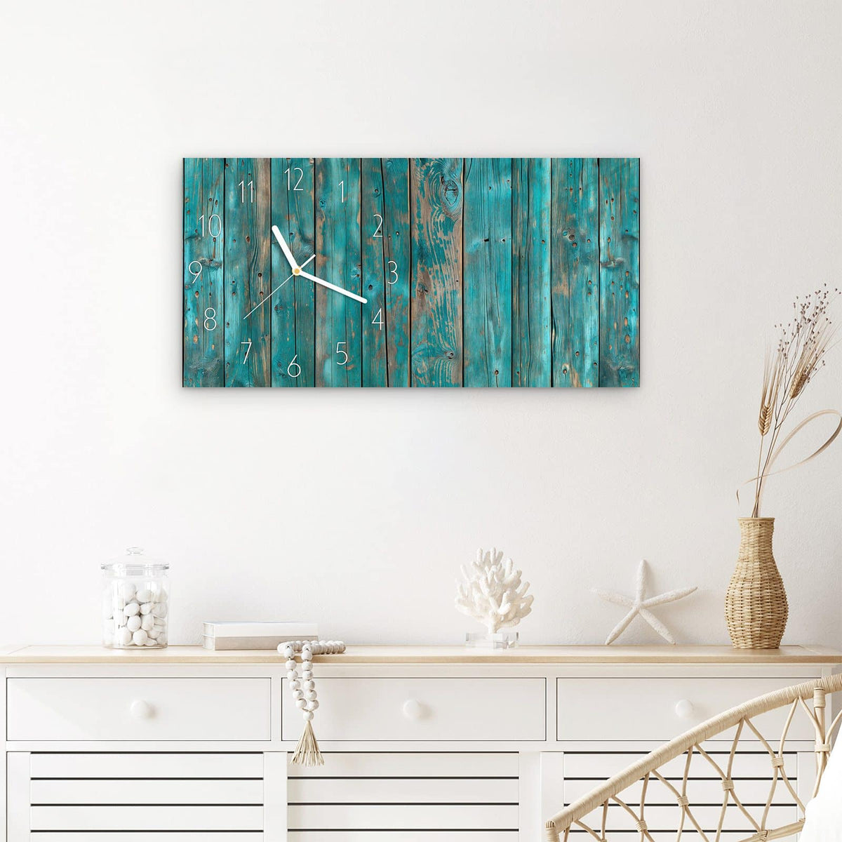 Wanduhr Vintage Holz Bretter aus Glas – Querformat 60 × 30 cm – Verwitterte Bretter in Türkis