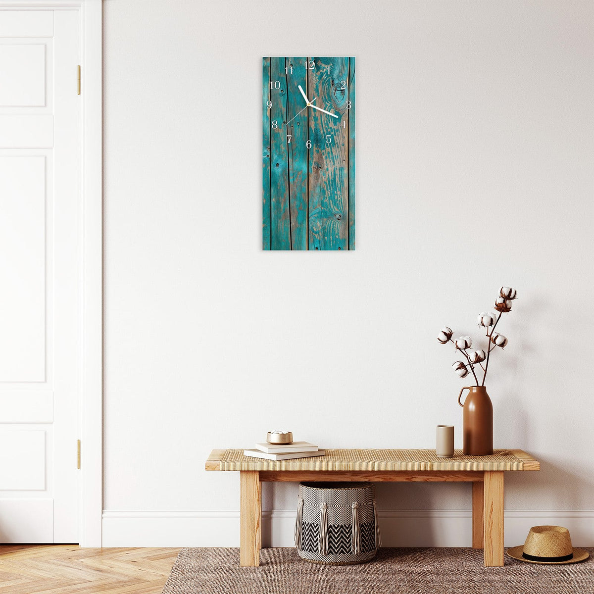 Moderne Wanduhr aus Glas mit Farbtiefe – Wanduhr Vintage Holz Bretter aus Glas – Hochformat 30 × 60 cm