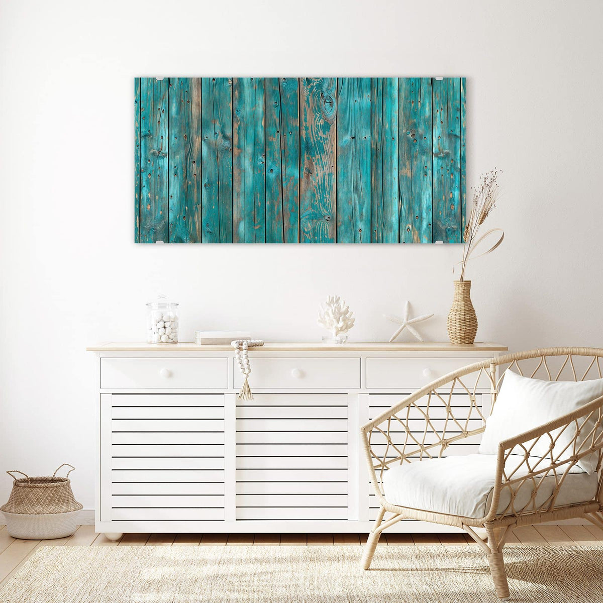 Echtglas, 4 mm – kein Acryl, keine Folie – Wandbild - Türkise Bretterwand - Querformat