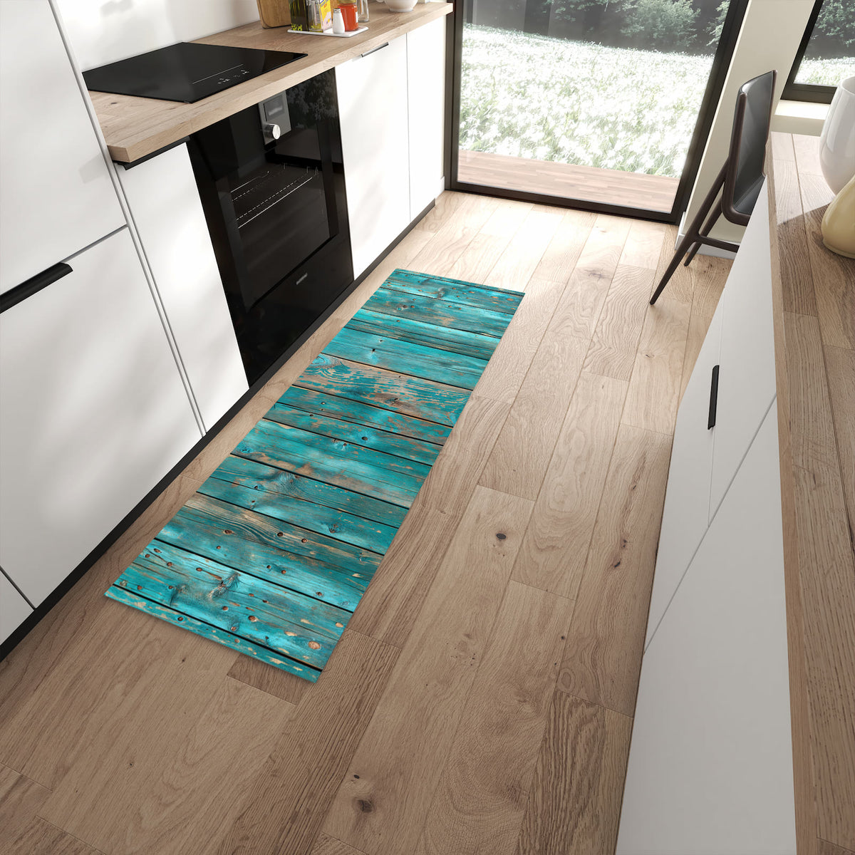 Rutschfester Küchenläufer mit Motiv Vintage Holz Bretter in moderner Küche