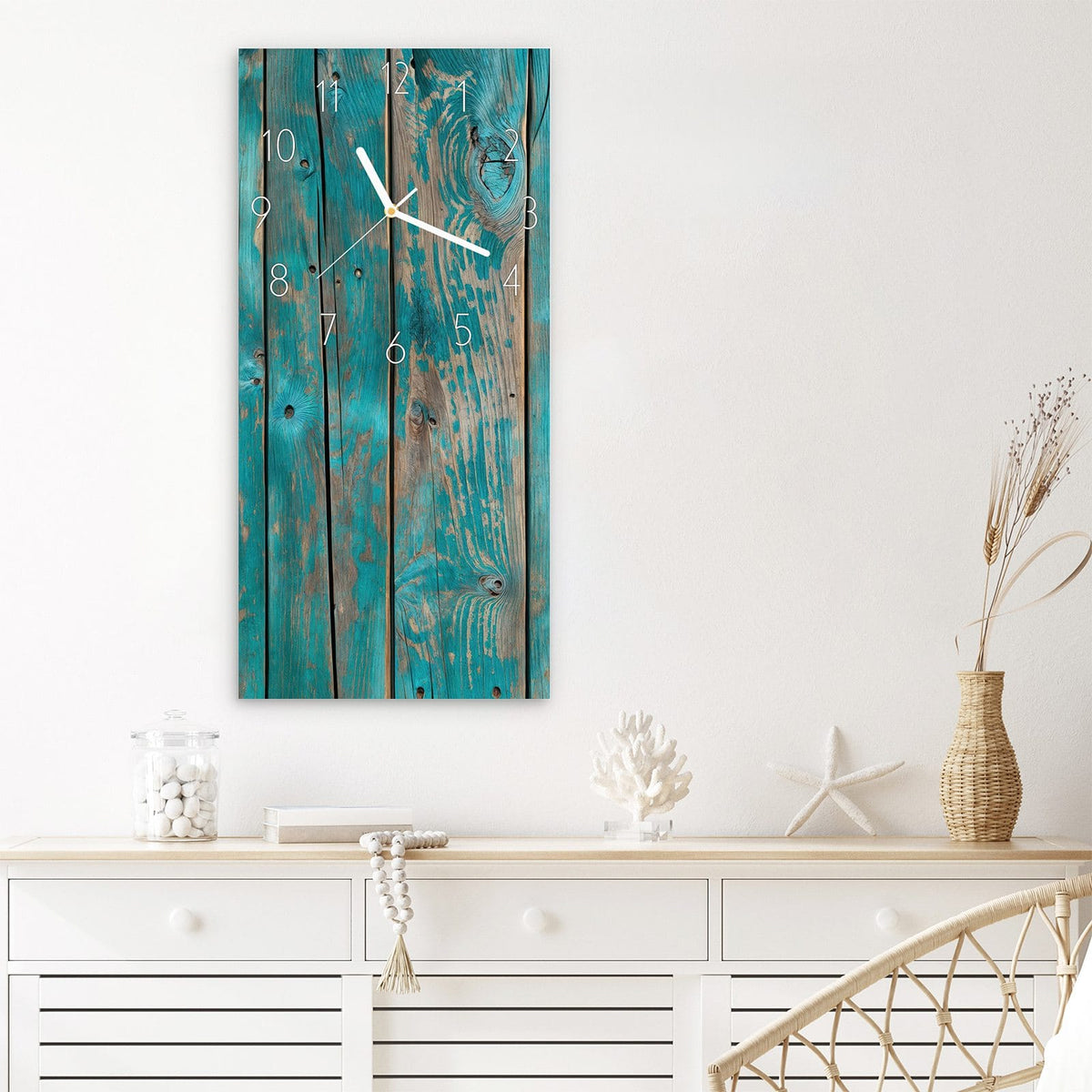 Wanduhr Vintage Holz Bretter aus Glas – Hochformat 30 × 60 cm – Verwitterte Bretter in Türkis