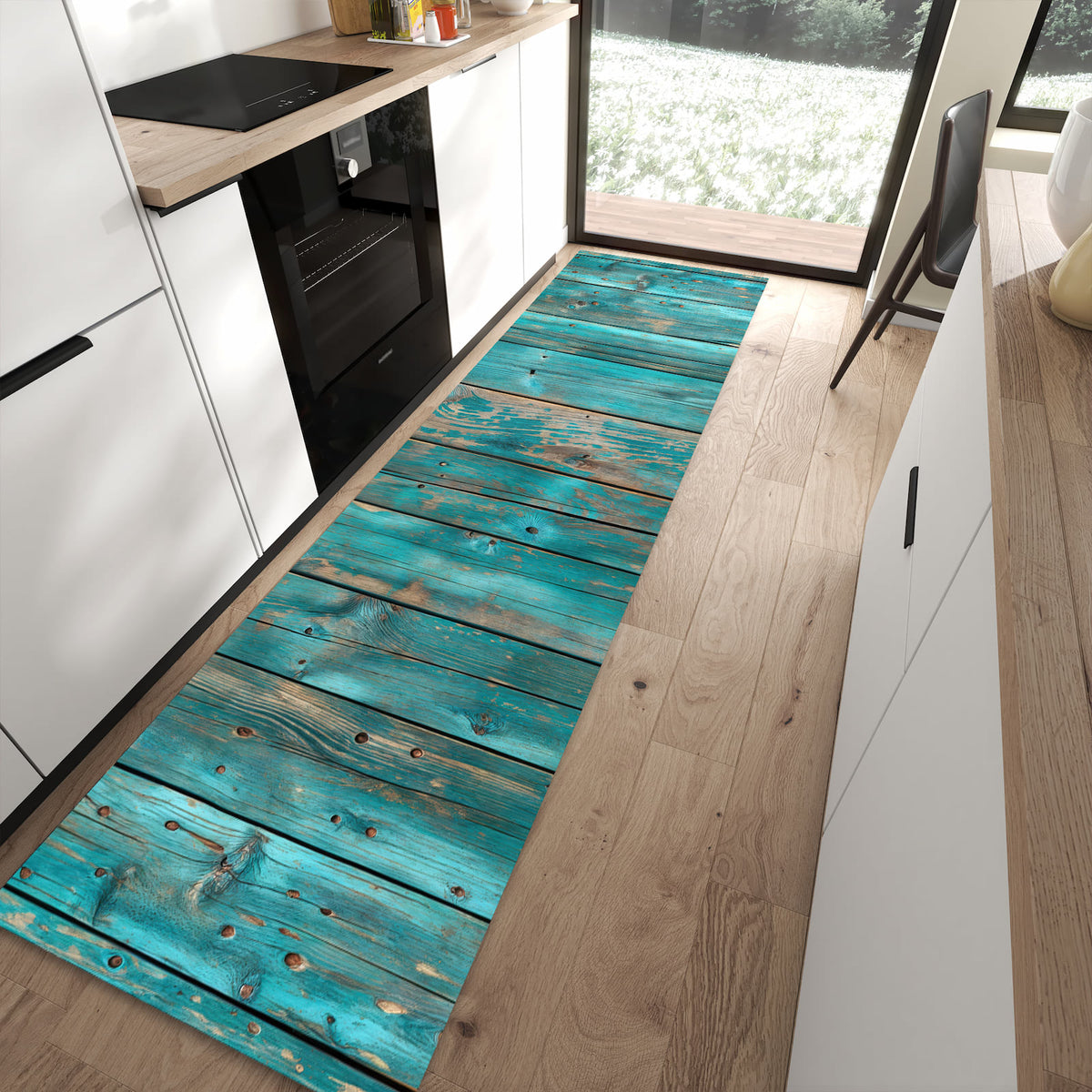 Feuchtigkeitsresistenter waschbarer Küchenläufer mit Motiv Vintage Holz Bretter in moderner Küche