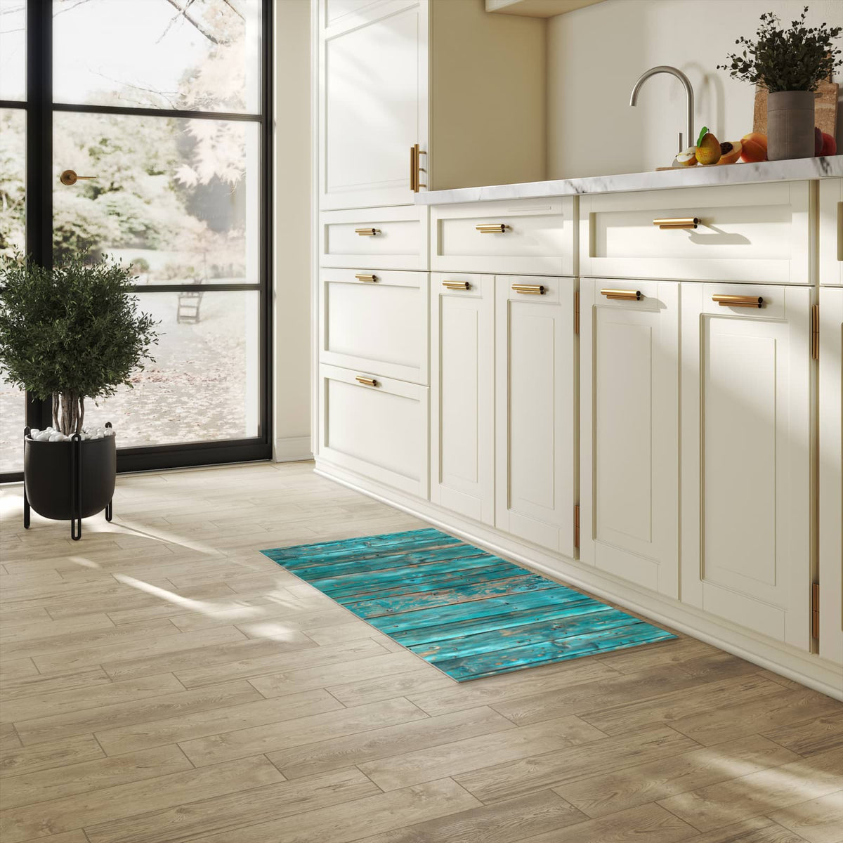 Schmutzabweisender rutschfester Küchenläufer mit Motiv Vintage Holz Bretter in heller Küche