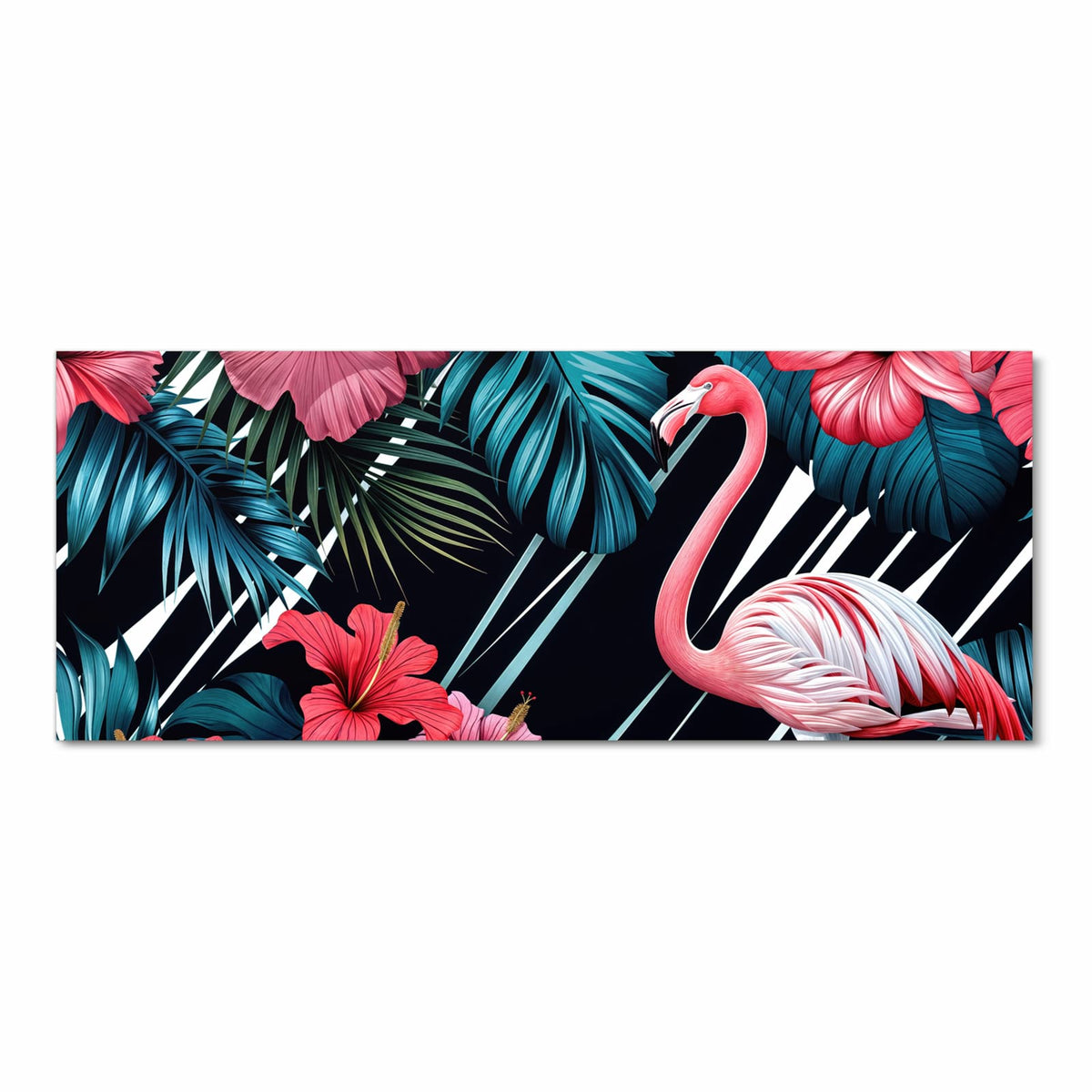Flamingo zwischen pinken Hibiskusblüten und türkisen Monstera- und Palmblättern auf Schwarz.