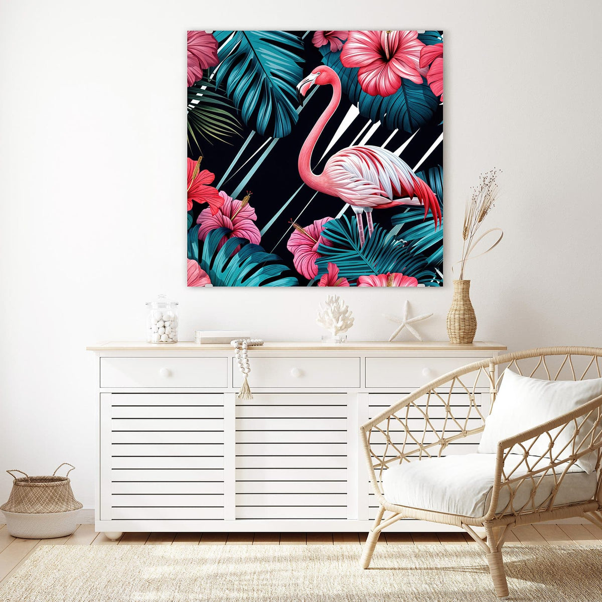 Echtglas, 4 mm – kein Acryl, keine Folie – Wandbild - Flamingo auf Schwarz - Quadratisch