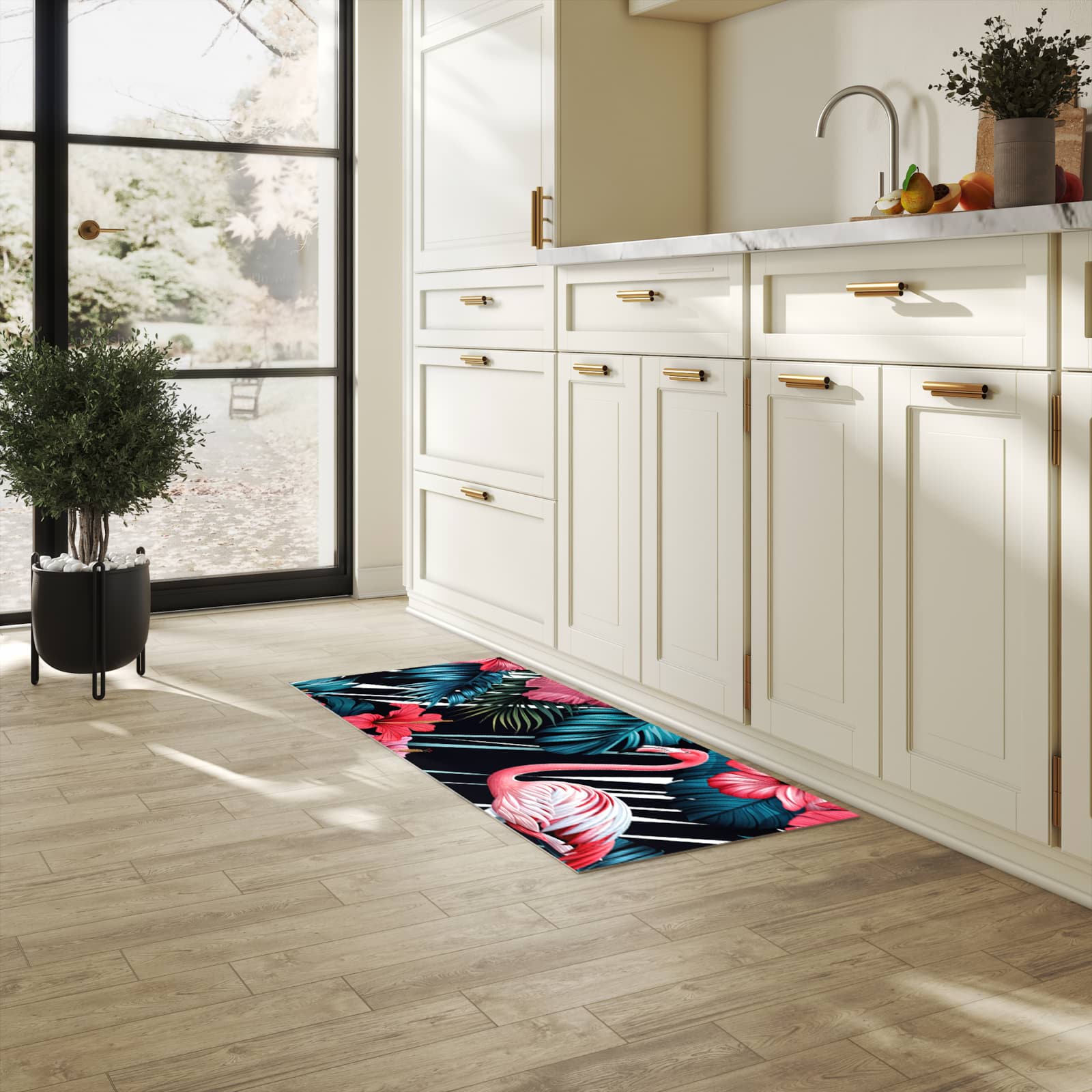 Küchenteppich mit Motiv Flamingo Paradise für Ordnung & Übersicht in heller Küche