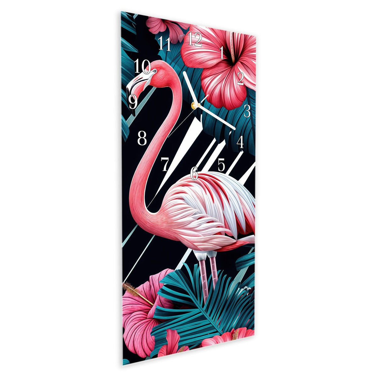 Vormontiert – mit Schwebeeffekt – Wanduhr Flamingo Paradise aus Glas – Hochformat 30 × 60 cm