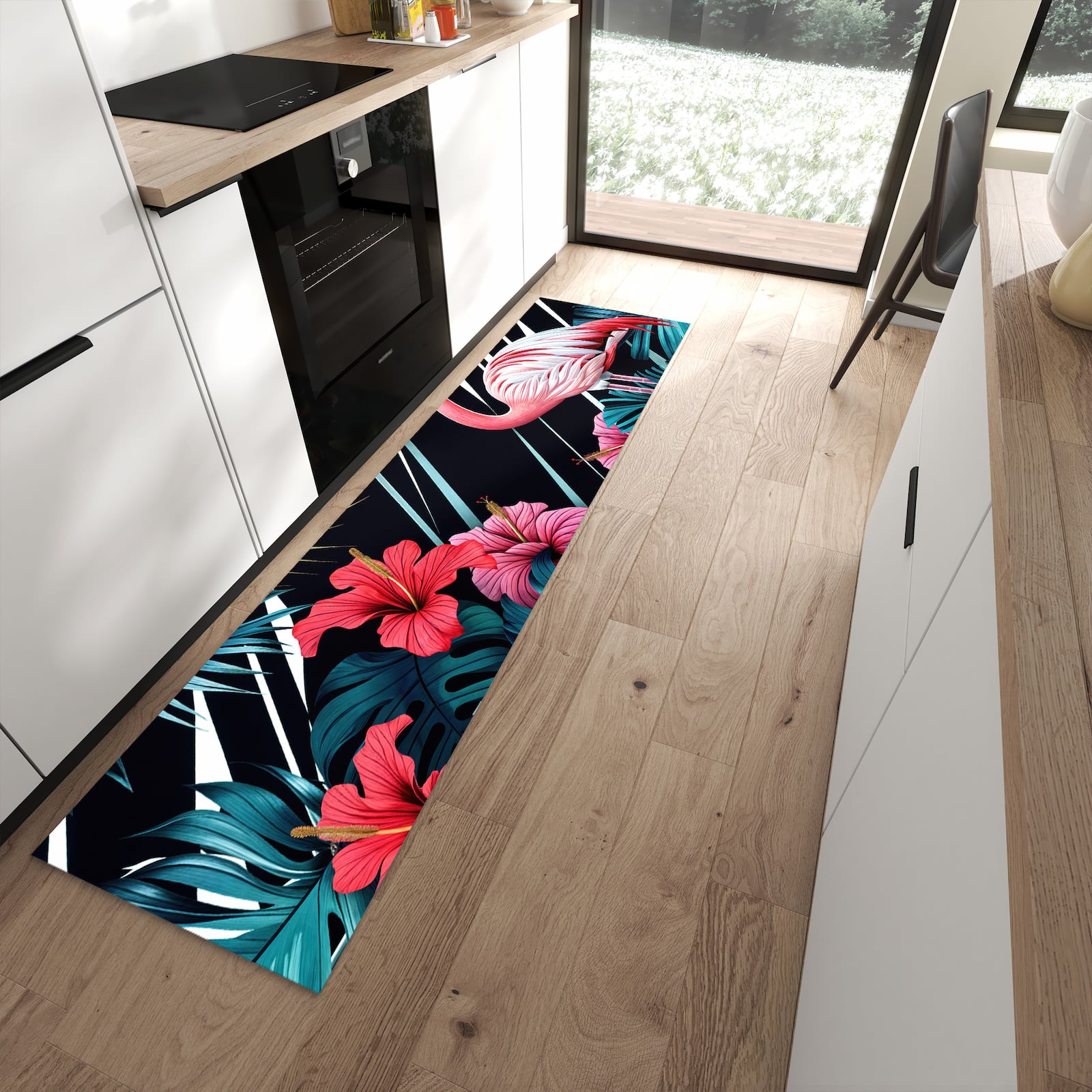 Geräuschdämpfender abwaschbarer Küchenläufer mit Motiv Flamingo Paradise in moderner Küche