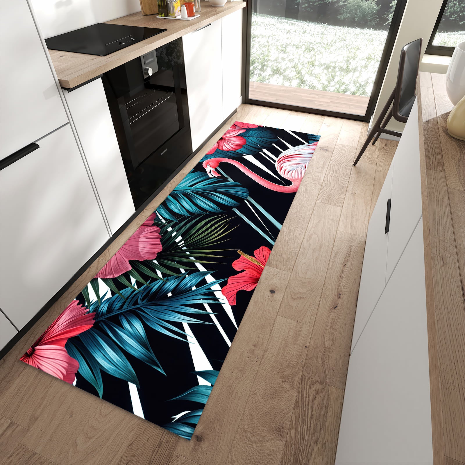 Fleckenresistenter Küchenteppich mit Motiv Flamingo Paradise in moderner Küche