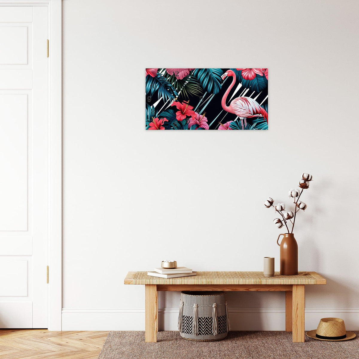 Moderne Wanduhr aus Glas mit Farbtiefe – Wanduhr Flamingo Paradise aus Glas – Querformat 60 × 30 cm