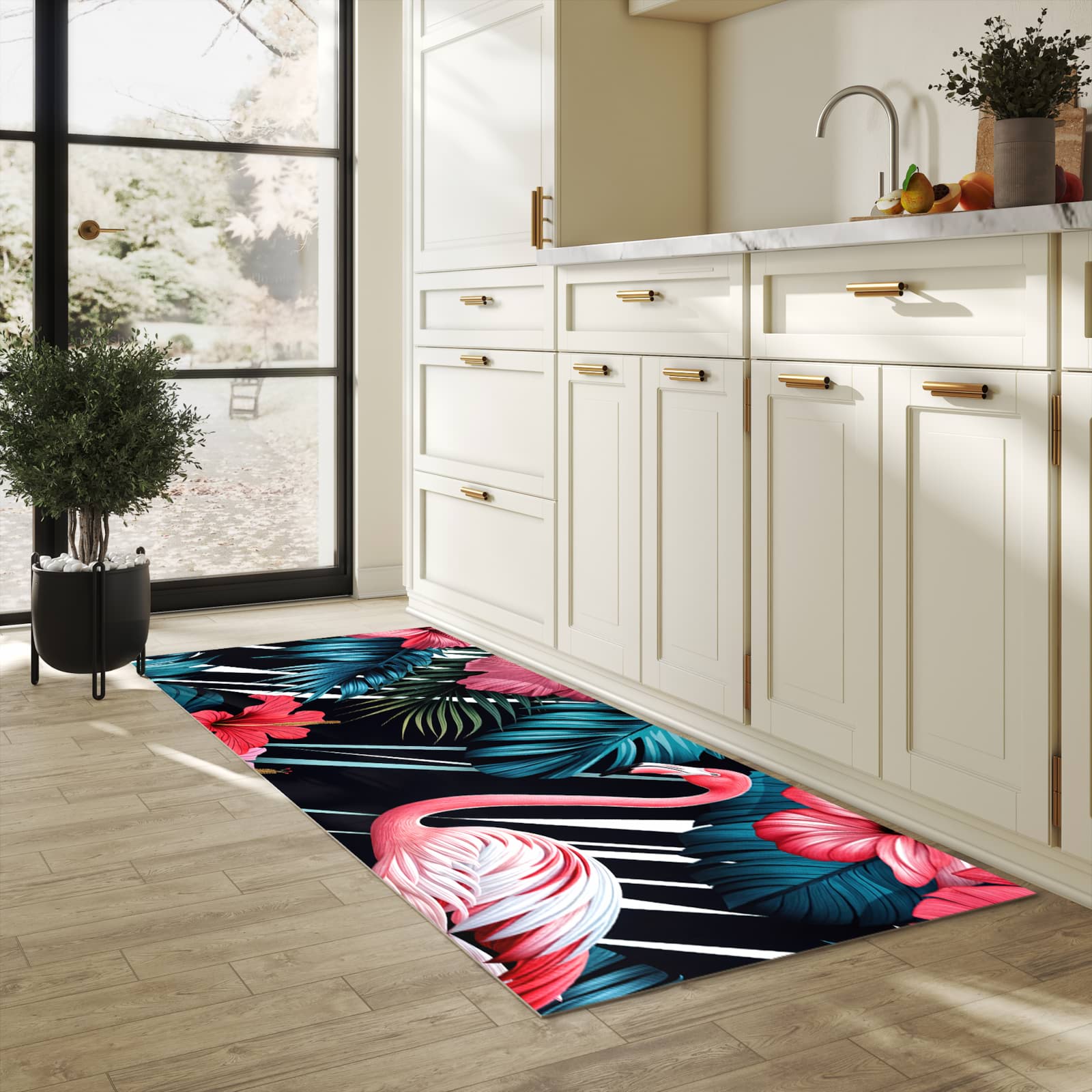 Fleckenresistenter Küchenläufer mit Motiv Flamingo Paradise in heller Küche