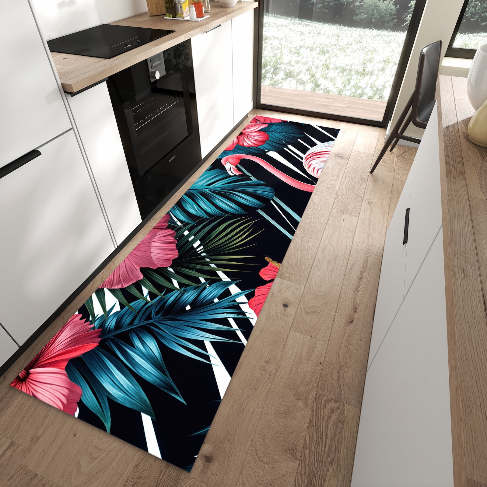 Schmutzabweisender Teppich für die Küche mit Motiv Flamingo Paradise in moderner Küche