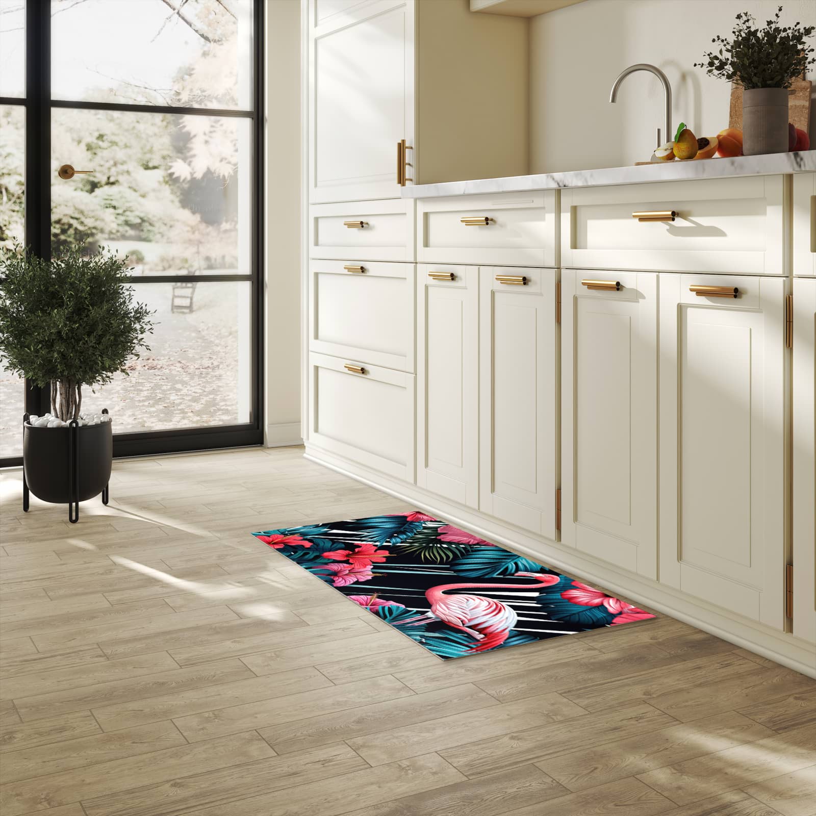 Bodenschonender Küchenteppich mit Motiv Flamingo Paradise in heller Küche