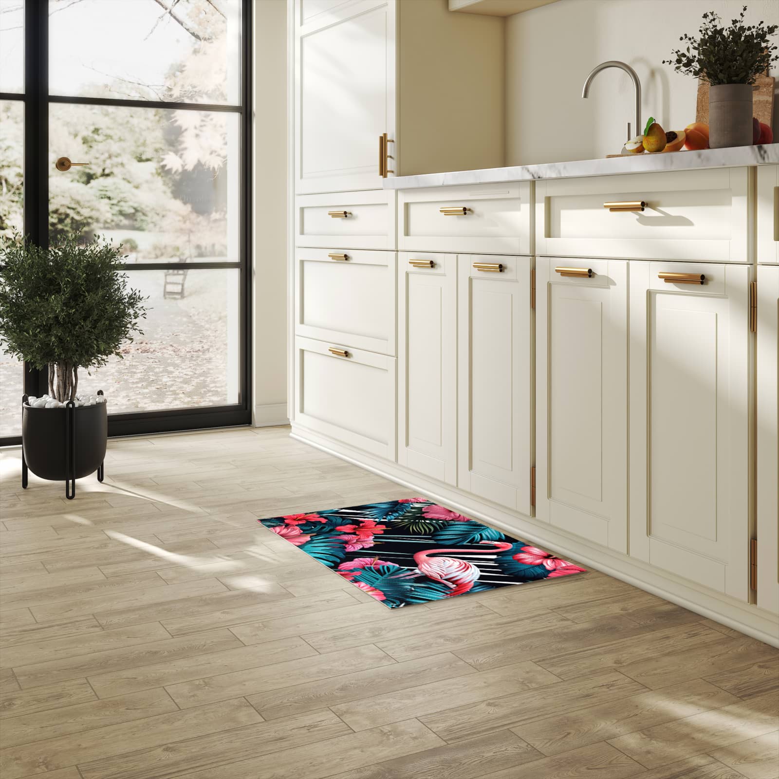 Zeitsparender großer Küchenteppich mit Motiv Flamingo Paradise in heller Küche