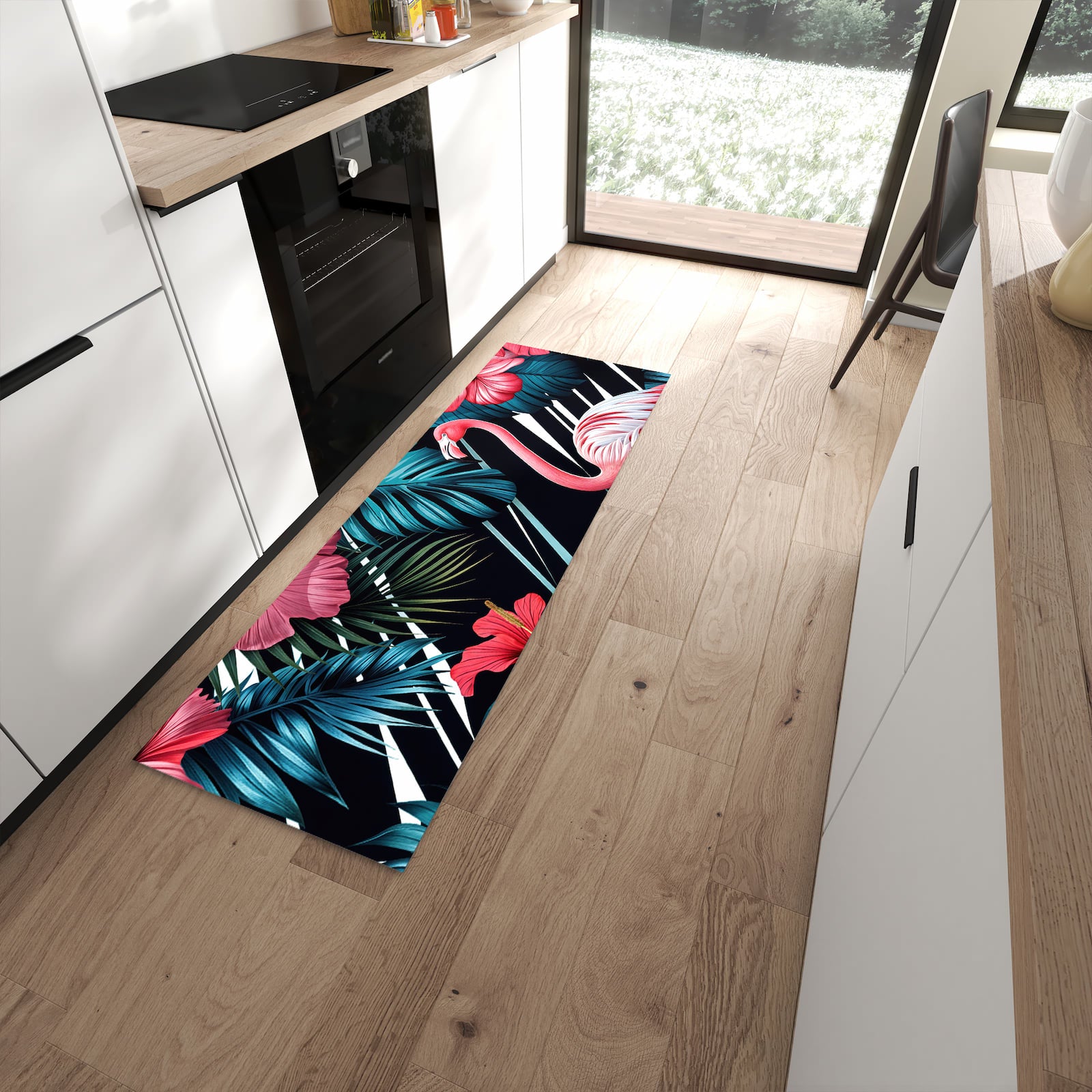 Zeitsparender moderner Küchenläufer mit Motiv Flamingo Paradise in moderner Küche