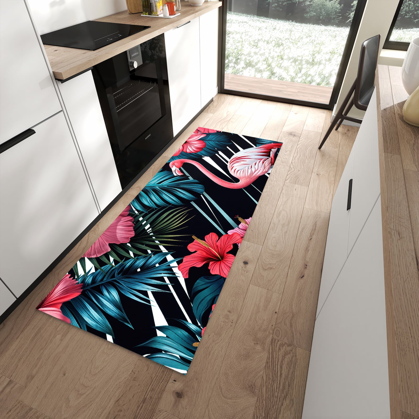 Wasserabweisender Teppich für Küche mit Motiv Flamingo Paradise in moderner Küche