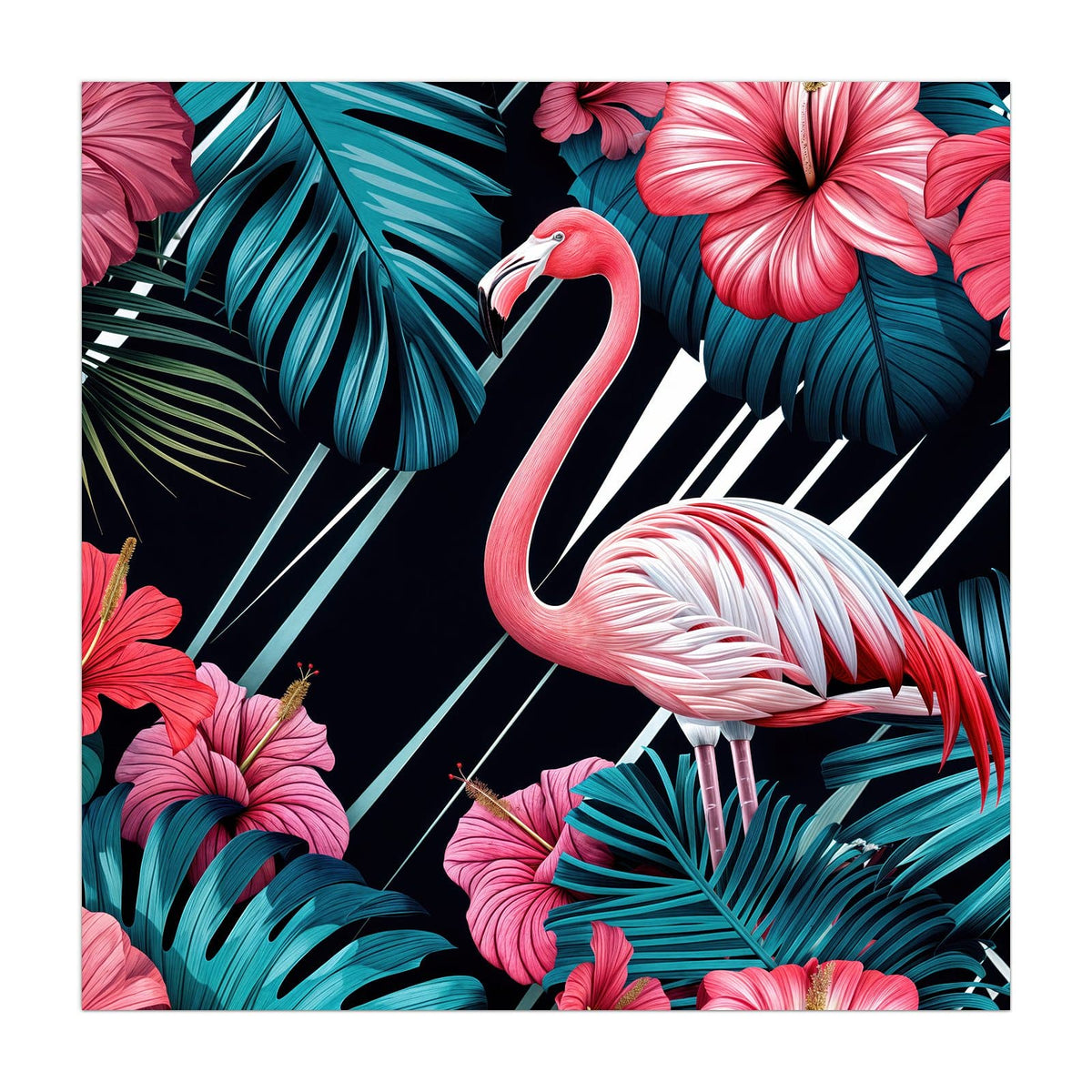 Küchenrückwand aus Glas Flamingo auf Schwarz im quadratischen Format, Motiv bildfüllend von vorn